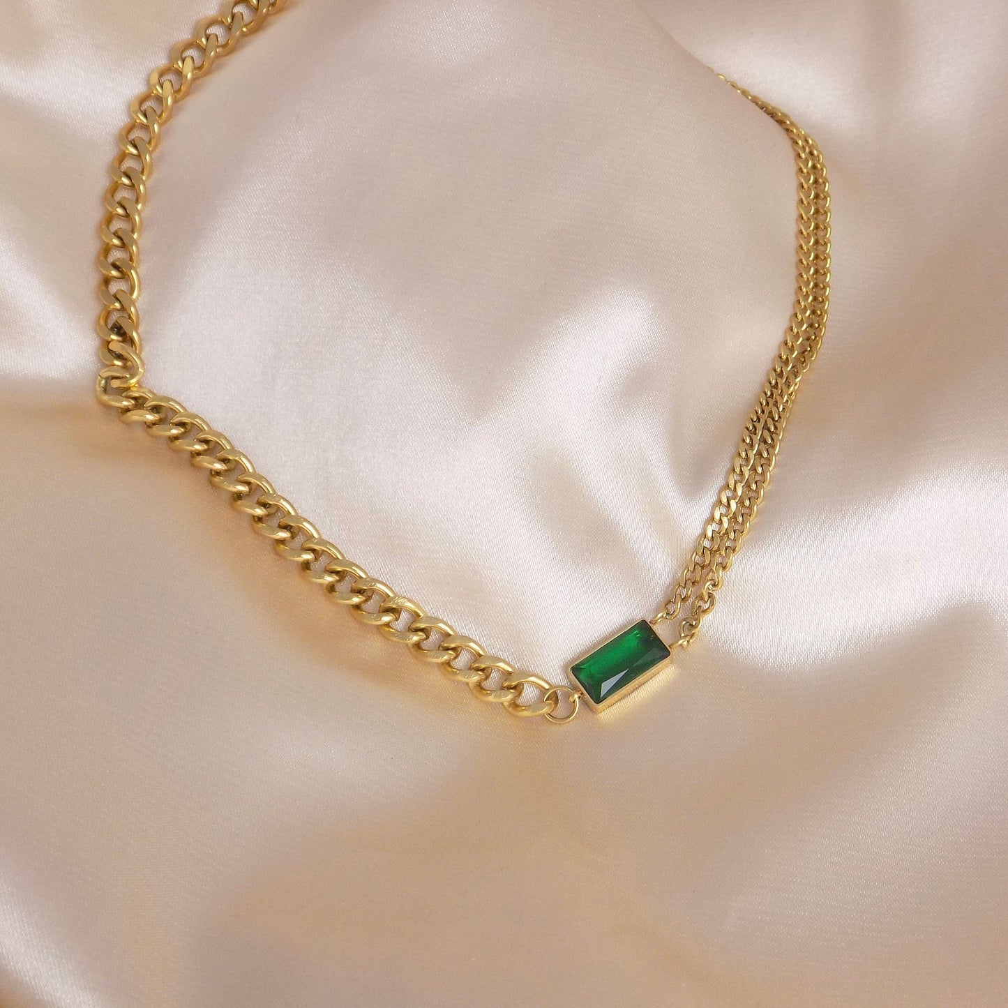 Unique Choker Necklace 18K Gold Stainless Steel - Emerald Green Rectangle Crystal