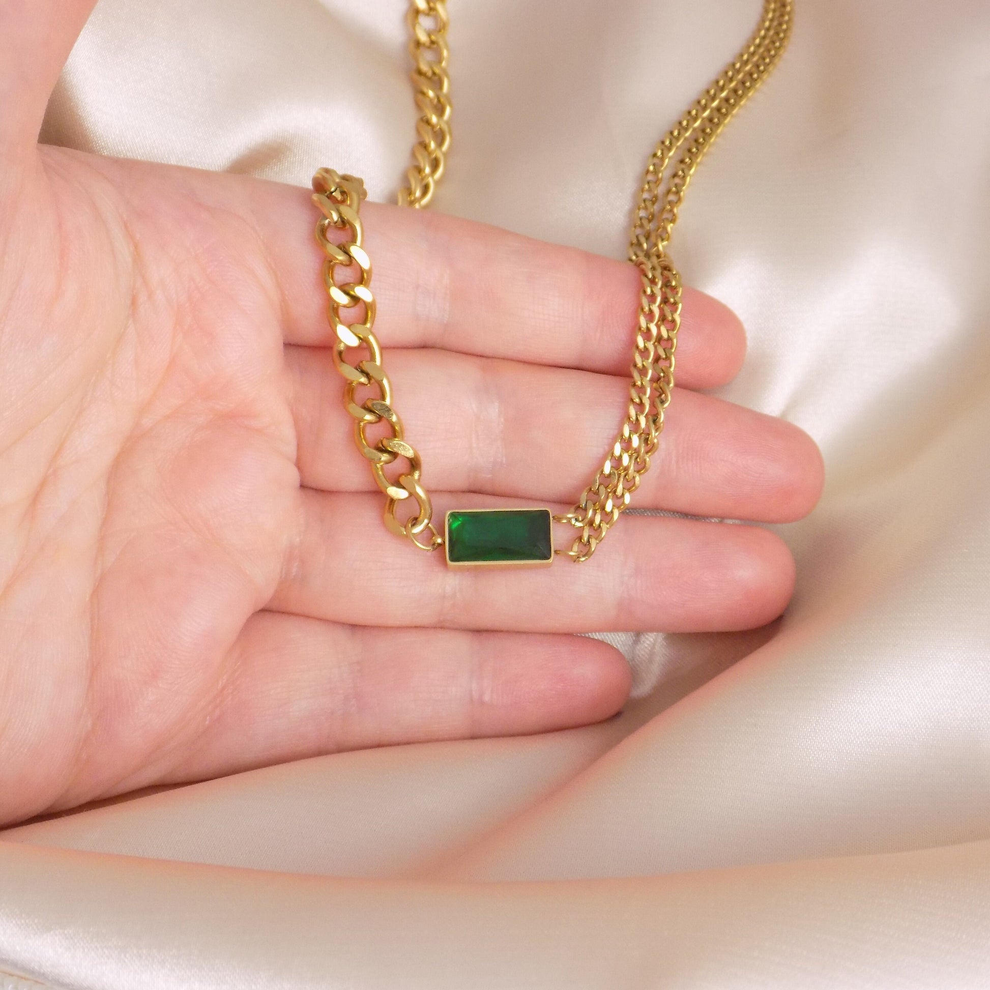 Unique Choker Necklace 18K Gold Stainless Steel - Emerald Green Rectangle Crystal