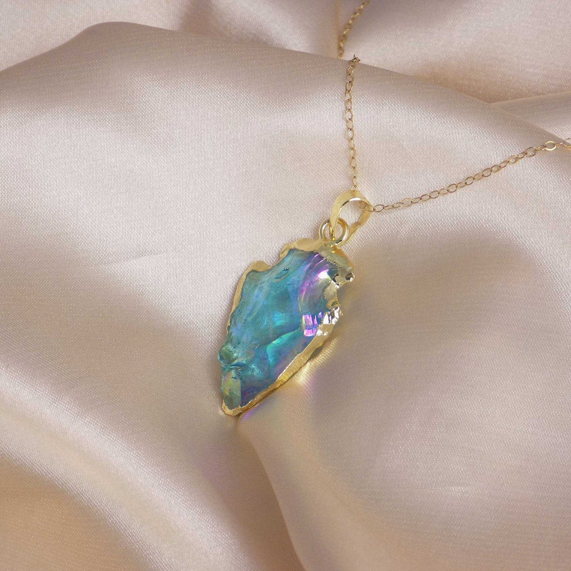 Aura Quartz Necklace Gold - Boho Arrowhead Pendant