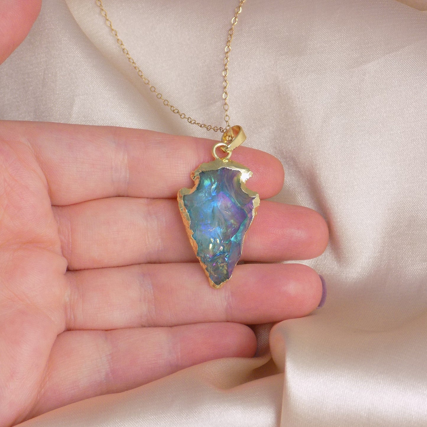 Aura Quartz Necklace Gold - Boho Arrowhead Pendant