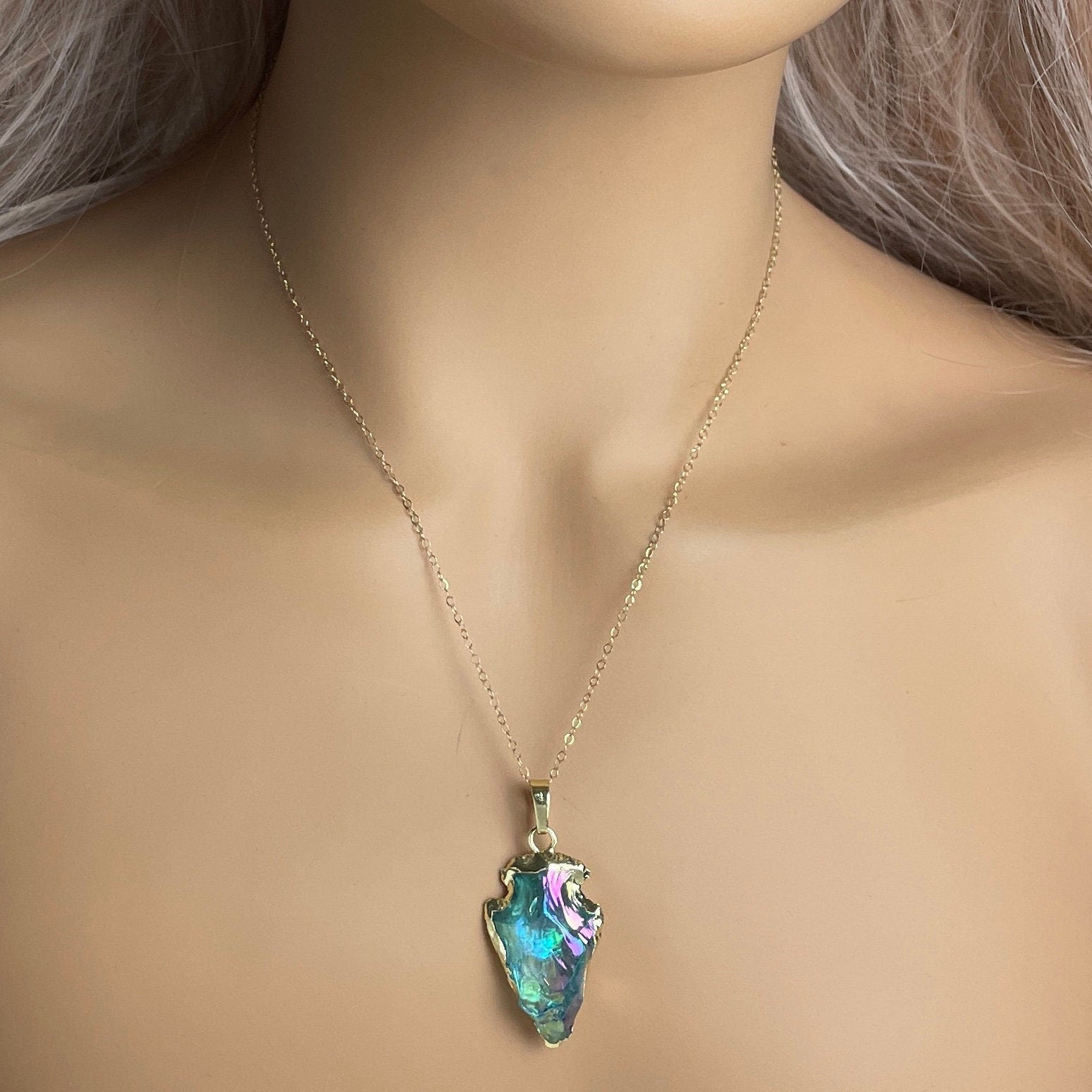 Aura Quartz Necklace Gold - Boho Arrowhead Pendant