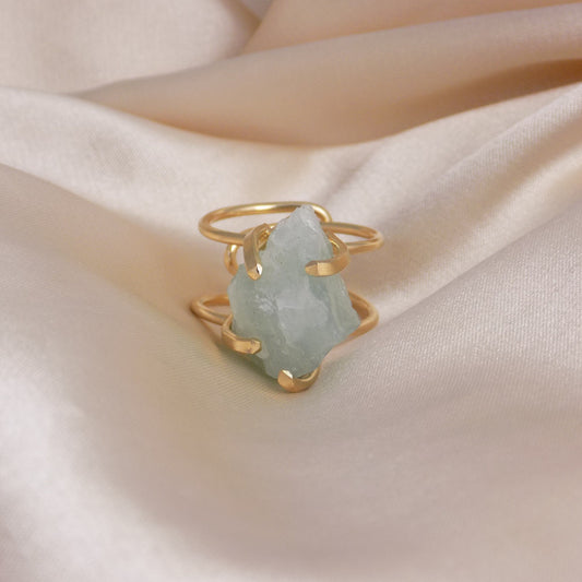 Raw Aquamarine Gemstone Ring Gold Plated Adjustable Band - Light Blue Crystal Jewelry Boho