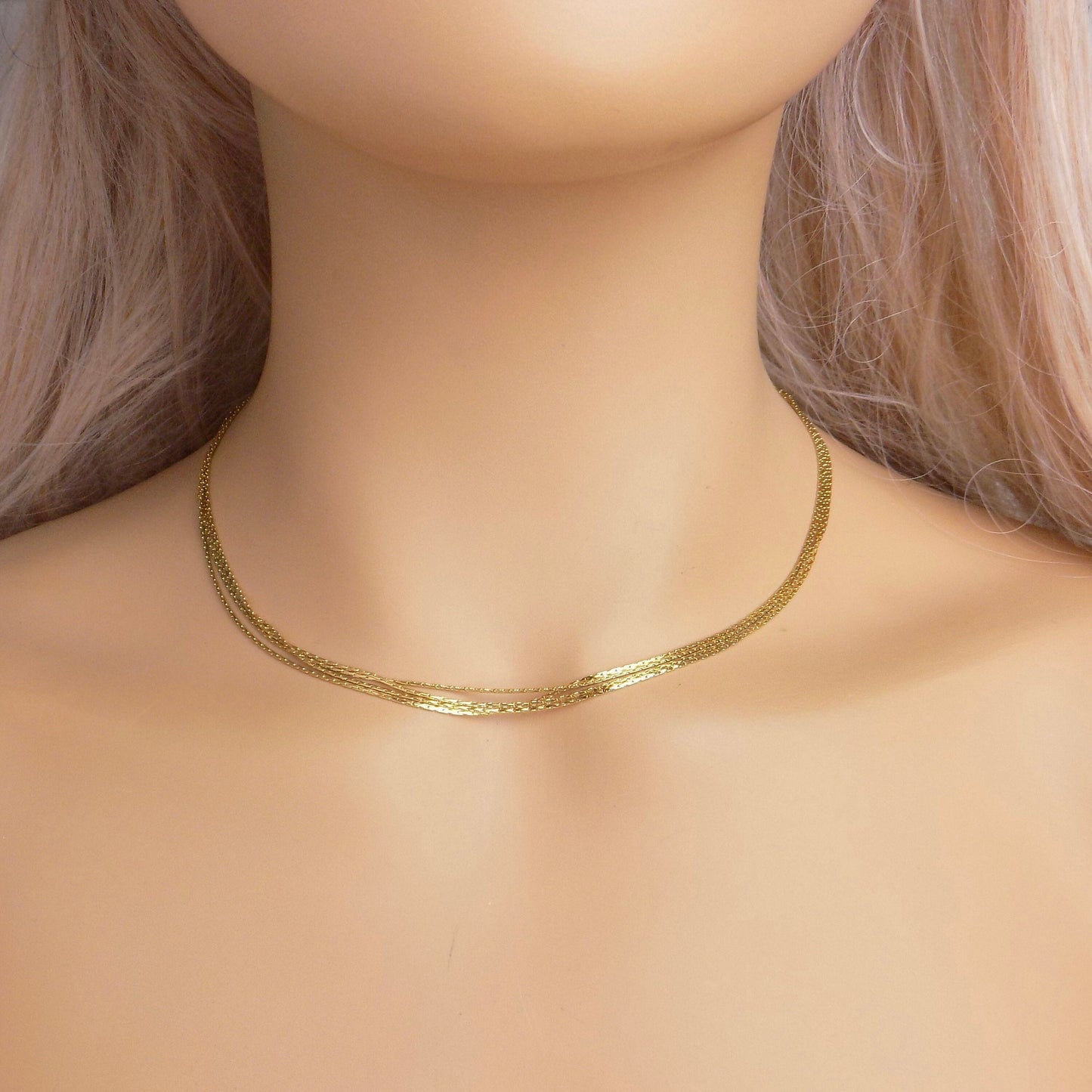 Unique Four Strand Gold Choker For Women, Ultra Thin Snake Chain, 18K Gold Stainless Steel, Modern Trendy, M7-112