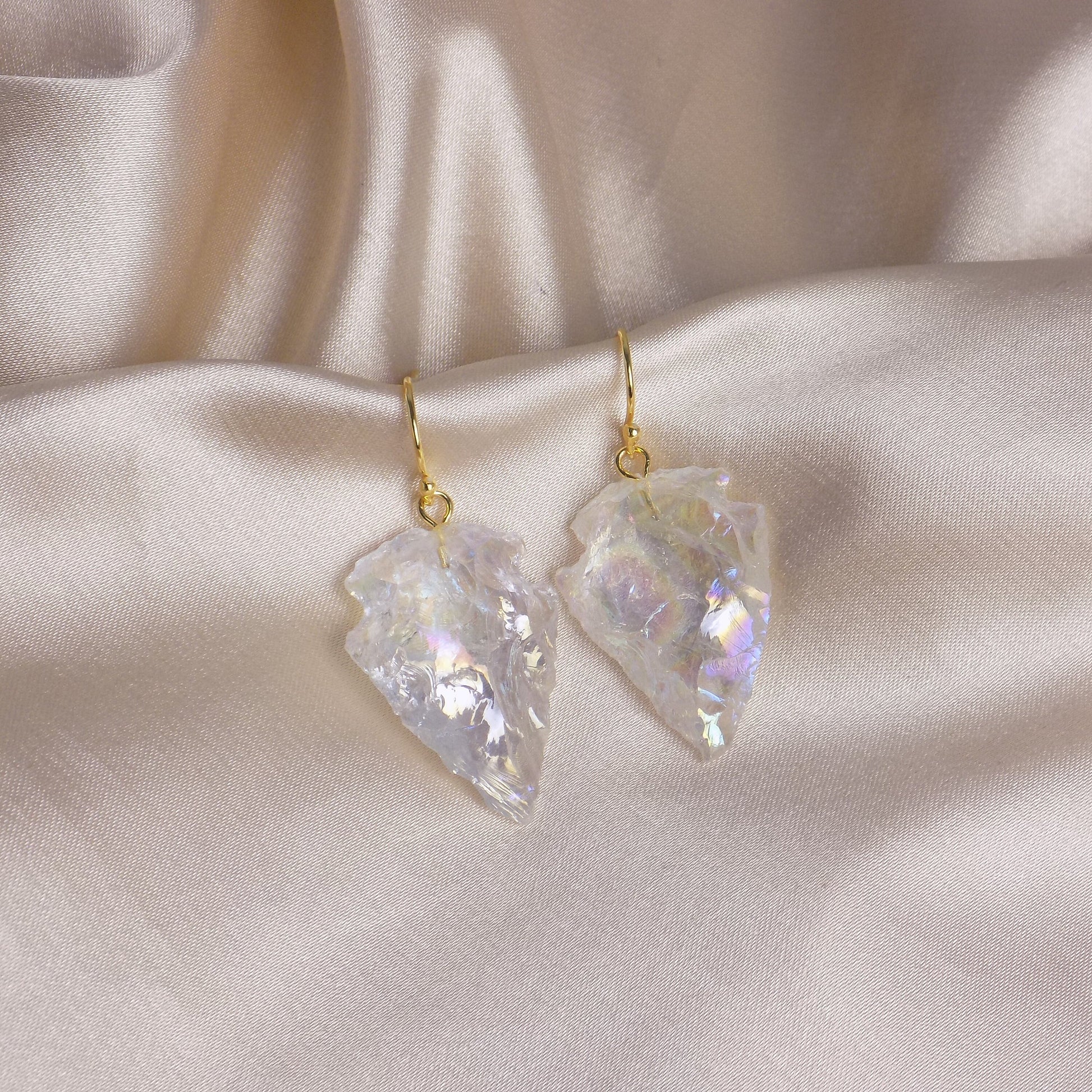 Angel Aura Quartz Arrowhead Earrings Gold, Unique Iridescent Crystal Jewelry Boho, Gift For Her, M7-134