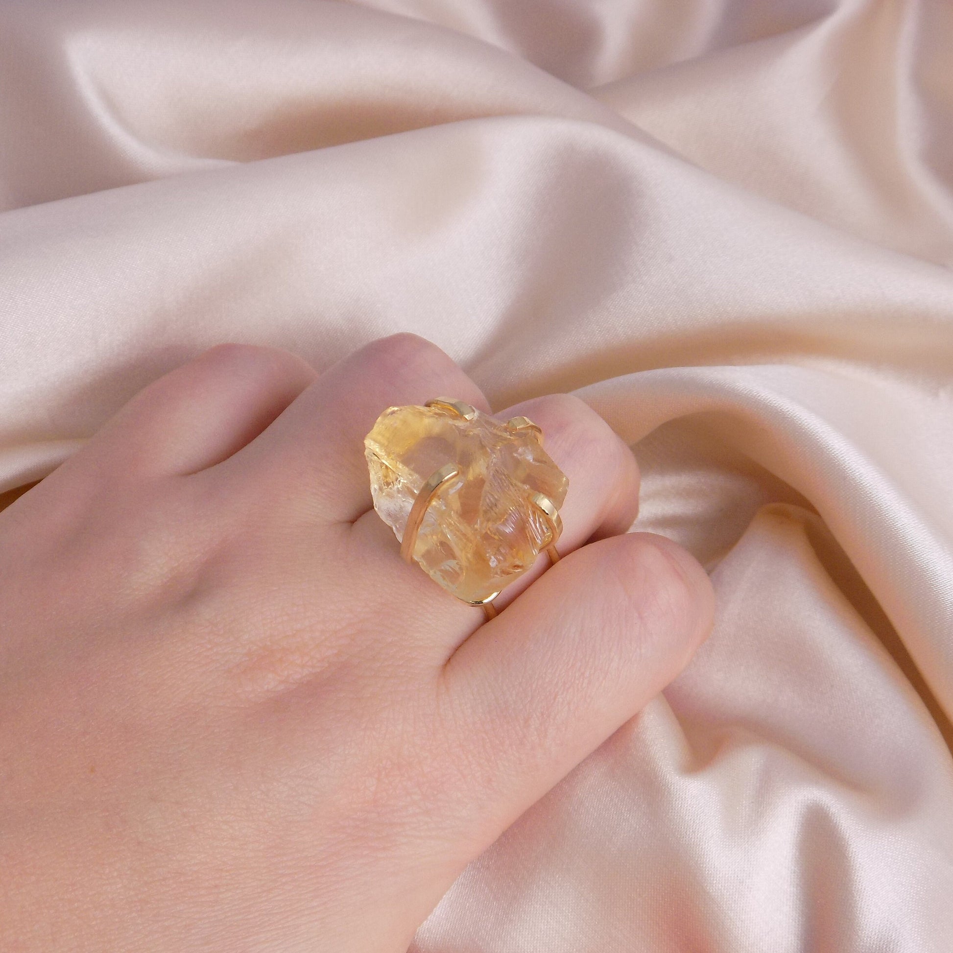 Yellow Gemstone Ring Adjustable, Raw Citrine Crystal Ring For Women, November Birthstone, G15-230