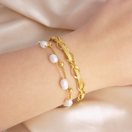 18K Gold Snake Chain Bracelet Adjustable Stainless Steel, Freshwater Pearl Bracelet, Christmas Gift For Her - M7