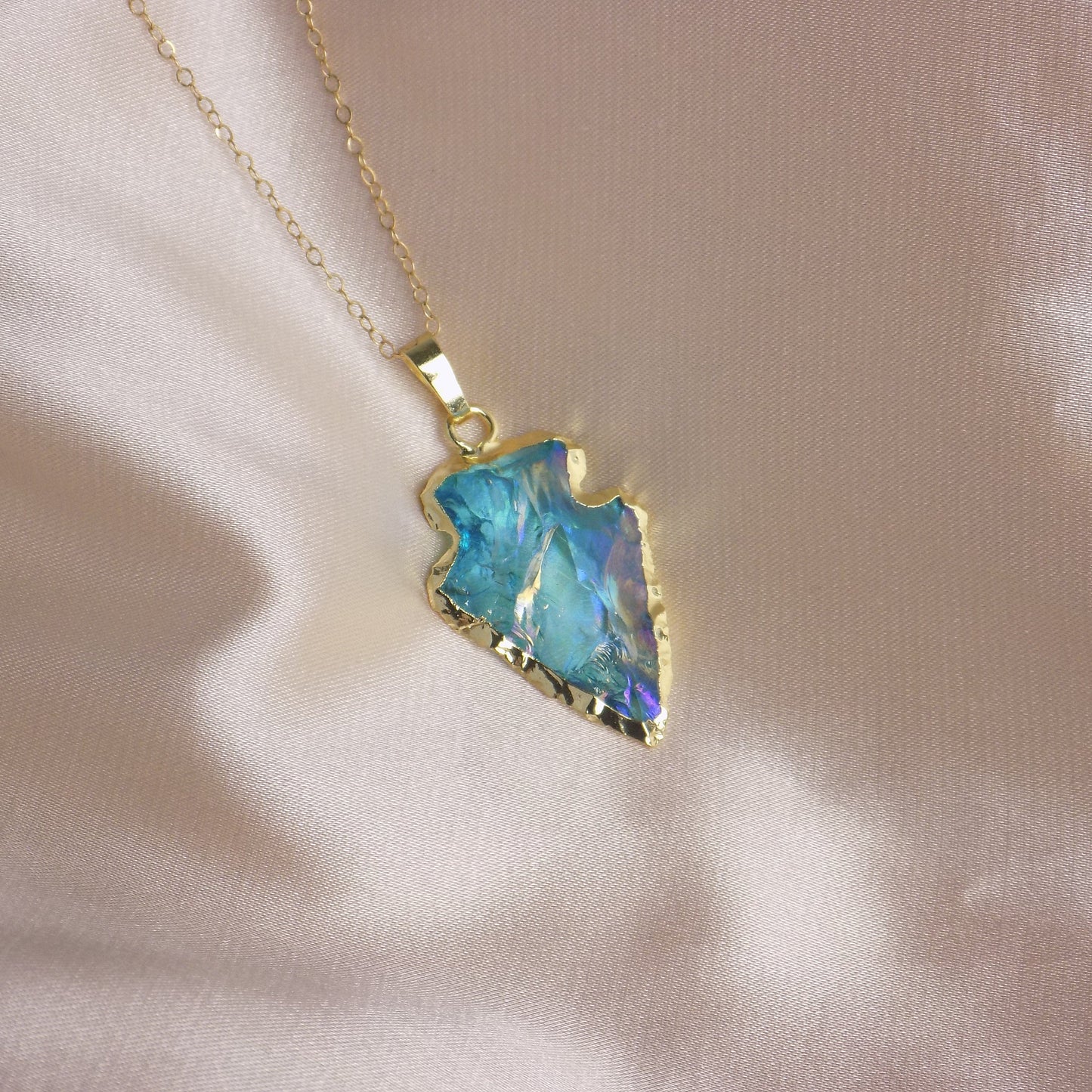 Turquoise Aura Quartz Arrowhead Necklace Gold, Unique Iridescent Crystal Jewelry Boho, Gift For Her, M7-142