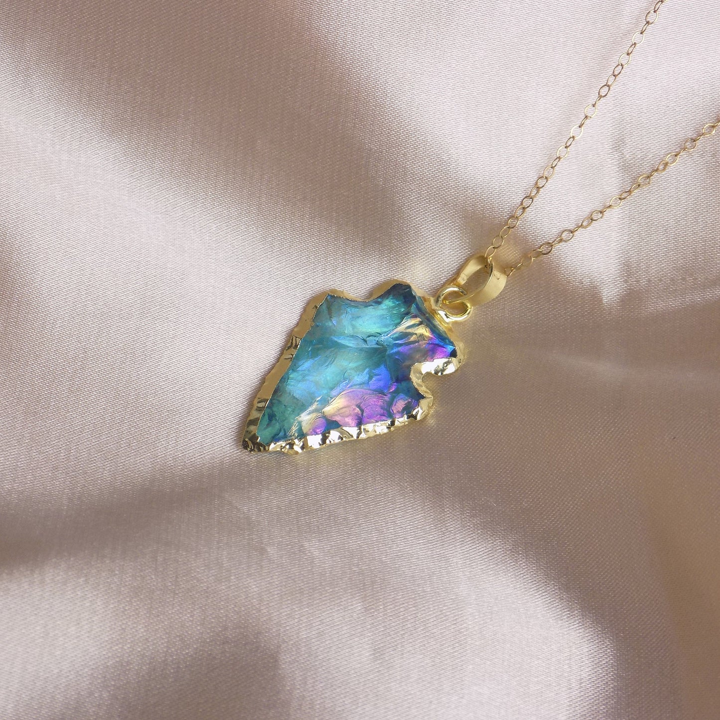 Turquoise Aura Quartz Arrowhead Necklace Gold, Unique Iridescent Crystal Jewelry Boho, Gift For Her, M7-142