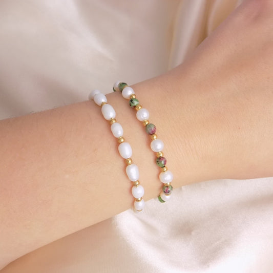 Freshwater Pearl Bracelet Gold - Ruby Zoisite Bracelet