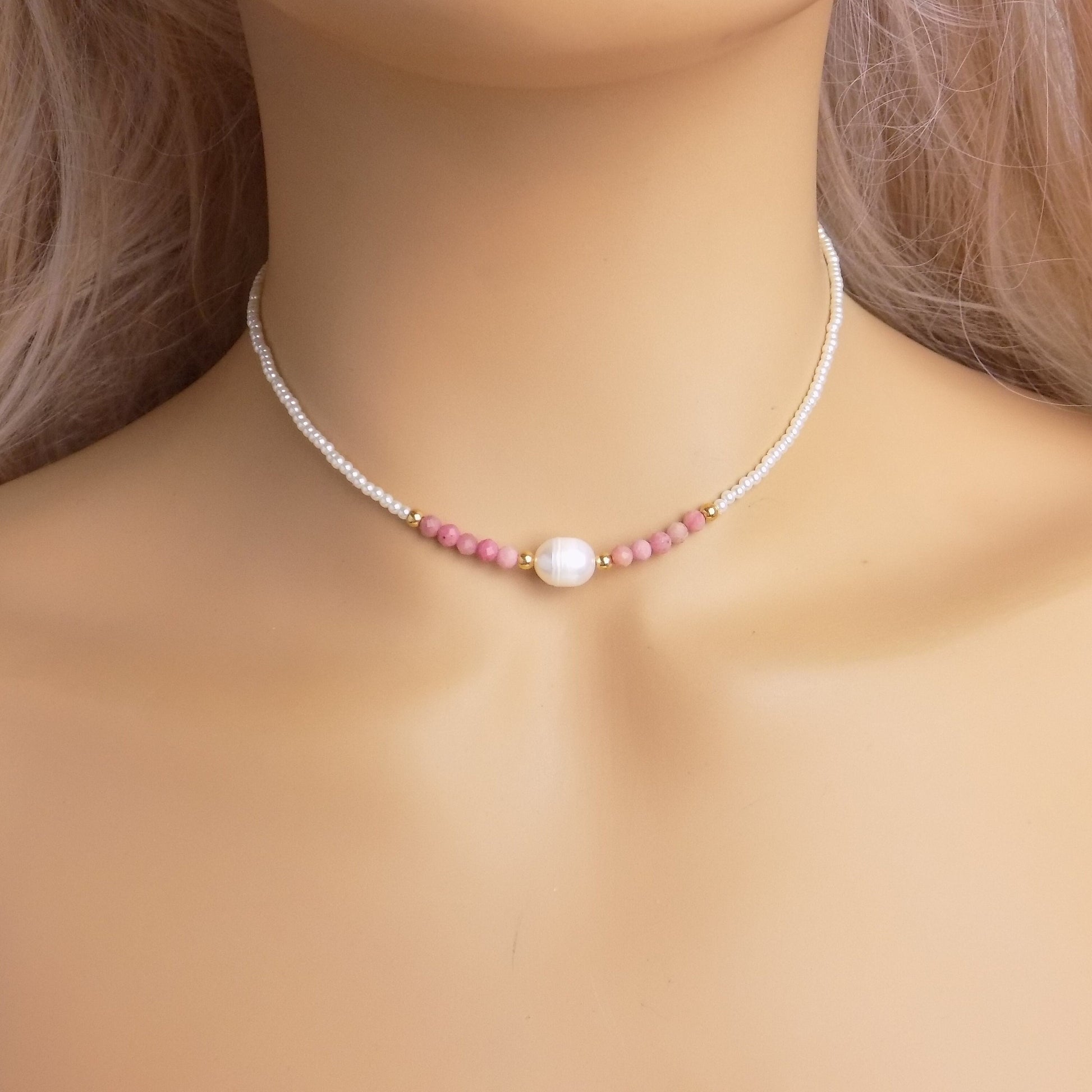 Dainty Pearl Choker Necklace Gold, Freshwater Pearl and Rhodochrosite Necklace, Christmas Gift For Her, M4-111