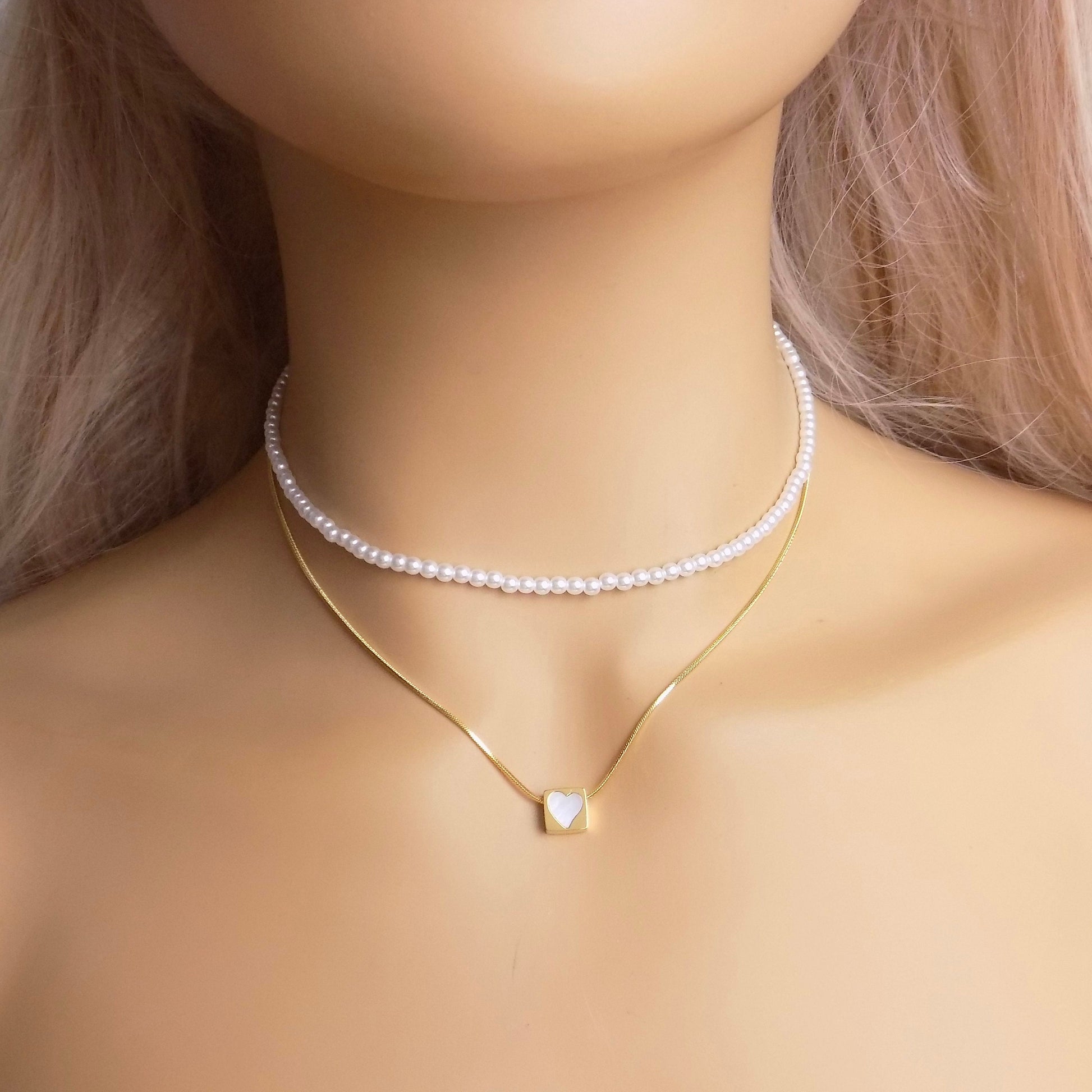 Gold Layered Choker Necklace Set For Women, White Pearl Necklace, Mop Heart Charm, 18K Gold Stainless Steel, Modern Trendy, M7-123