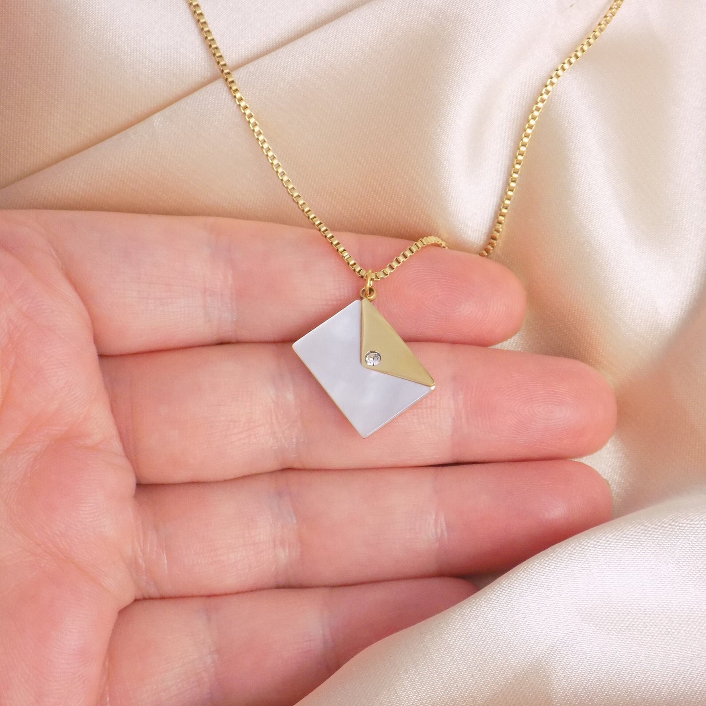 Gold Envelope Necklace with Mother of Pearl - Minimalist Layering Necklace