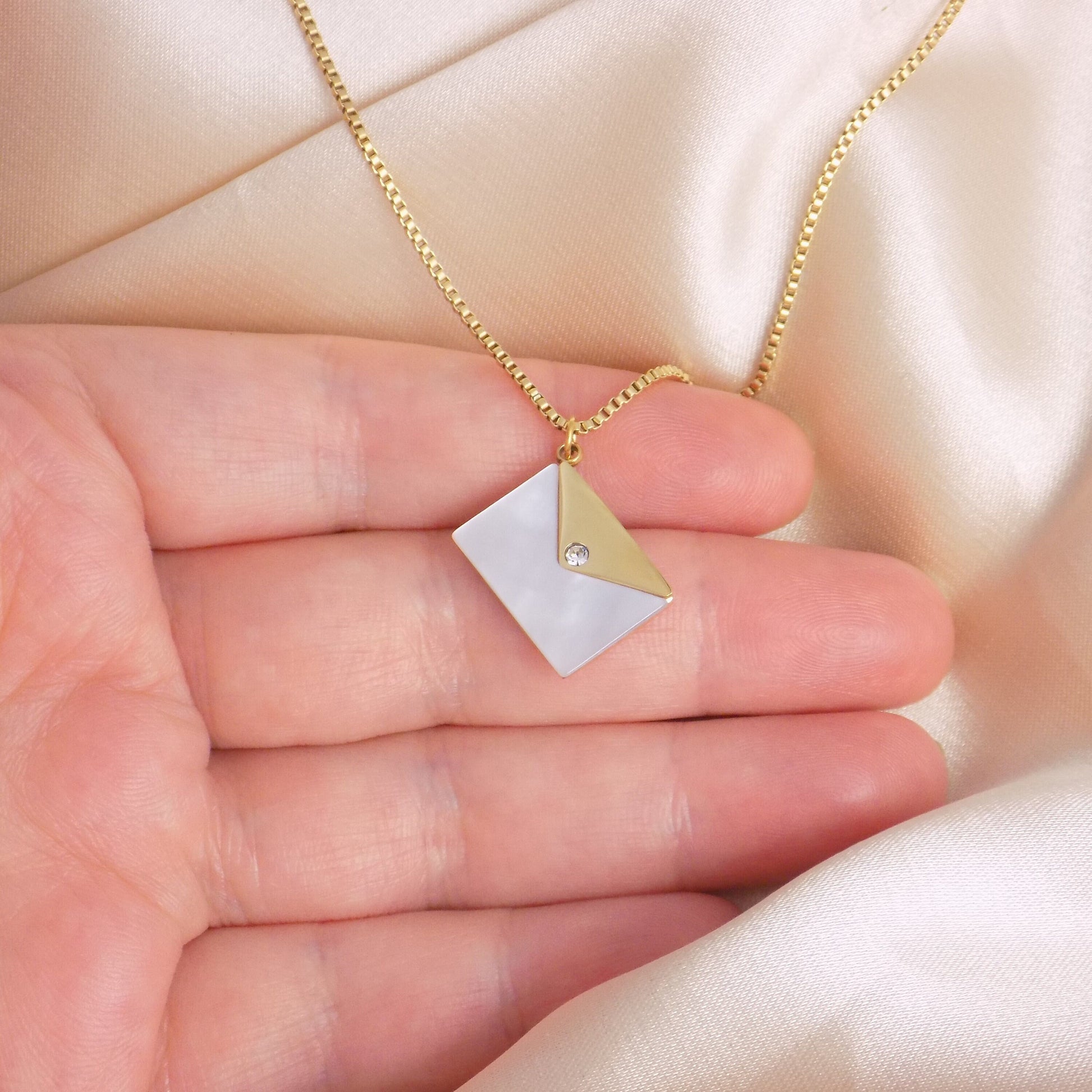 Gold Envelope Necklace with Mother of Pearl - Minimalist Layering Necklace