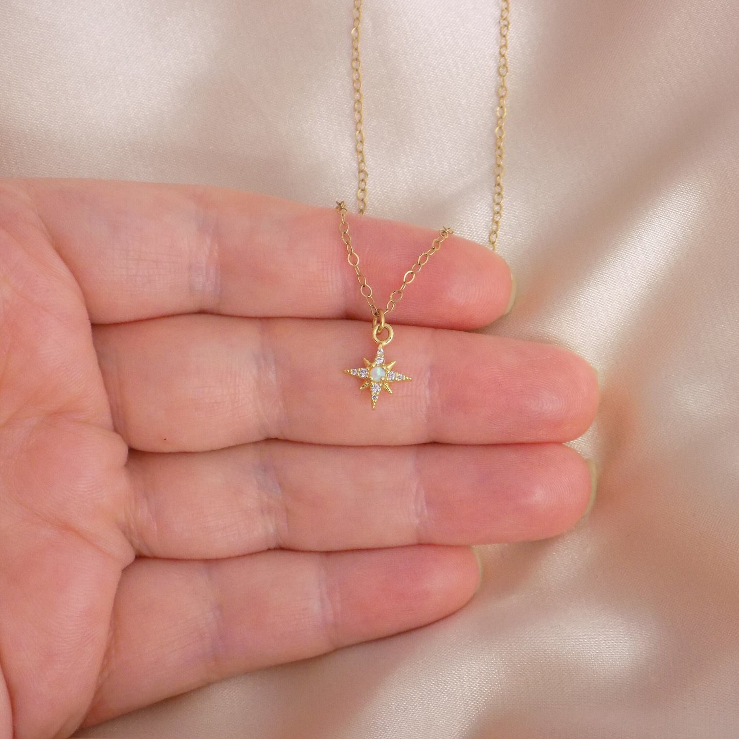 Tiny Opal Starburst Necklace Gold, Cubic Zirconia Northstar Charm For Women, M7-130