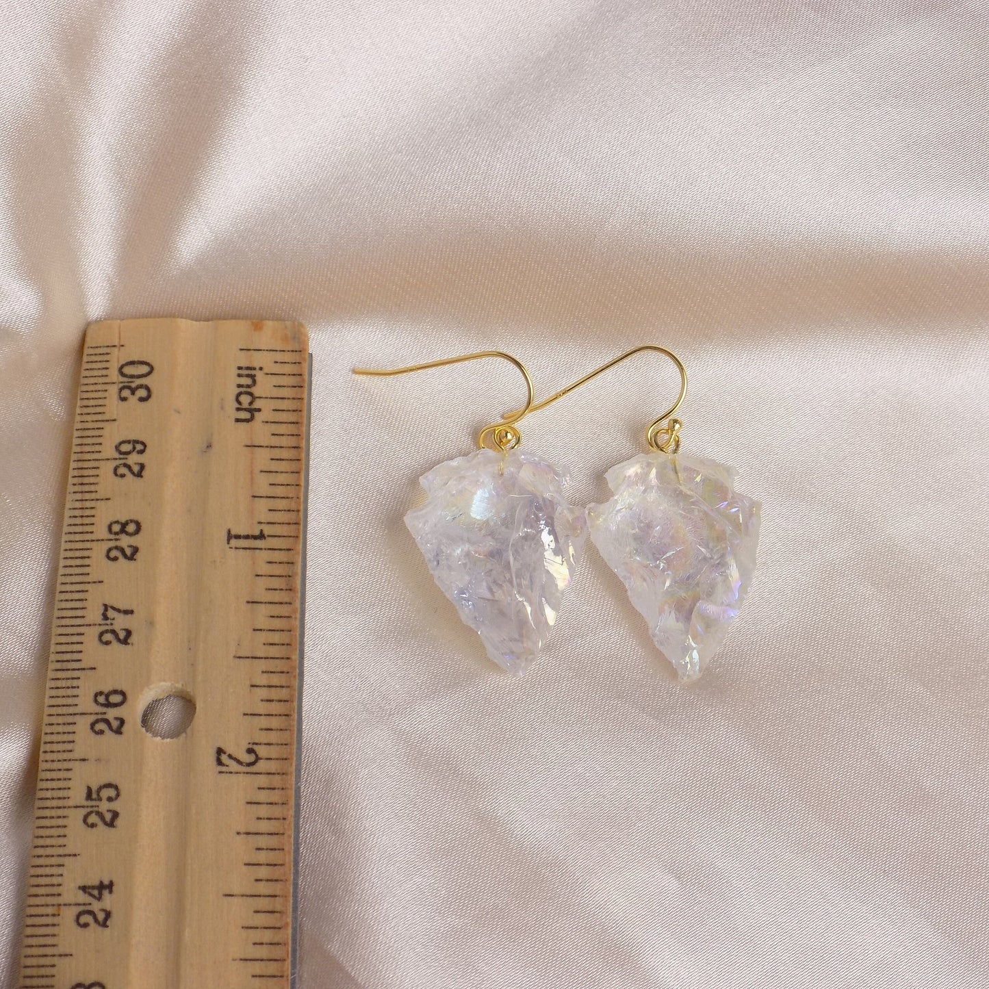 Angel Aura Quartz Arrowhead Earrings Gold, Unique Iridescent Crystal Jewelry Boho, Gift For Her, M7-134