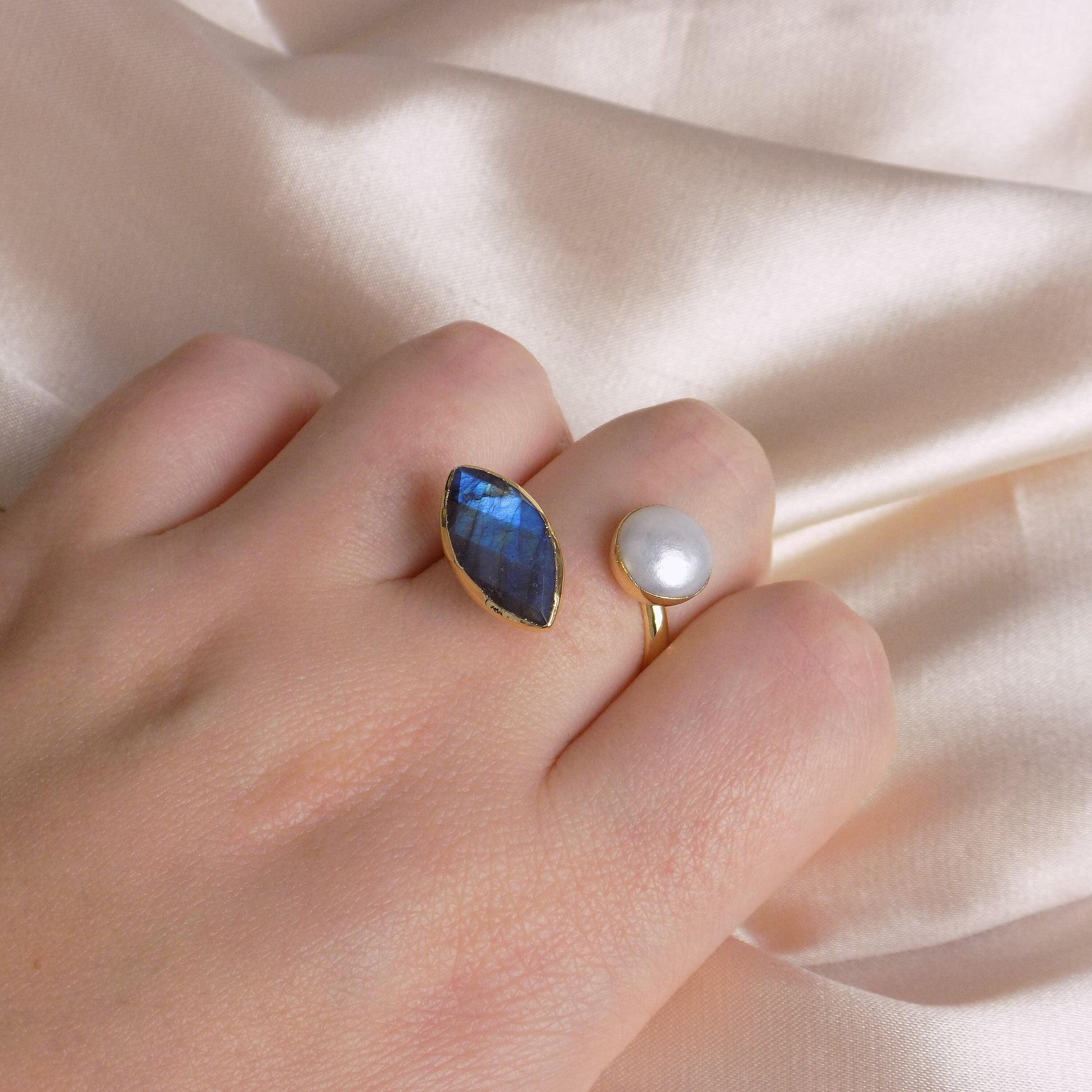 Labradorite and Freshwater Pearl Dual Stone Ring Gold Dipped Adjustable - Christmas Gift For Her