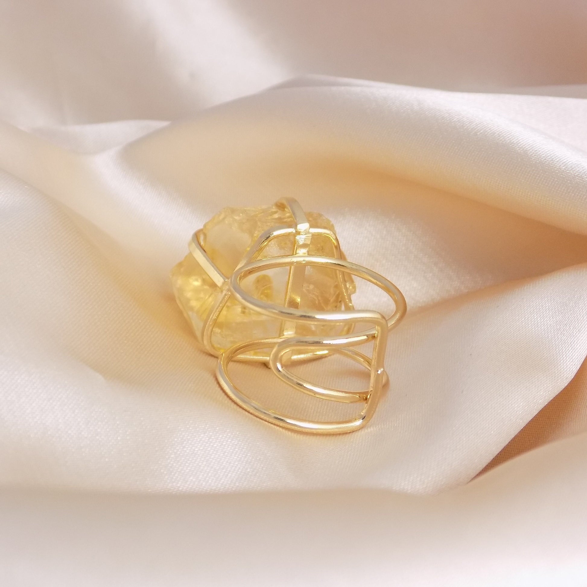 Yellow Gemstone Ring Adjustable, Raw Citrine Crystal Ring For Women, November Birthstone, G15-230