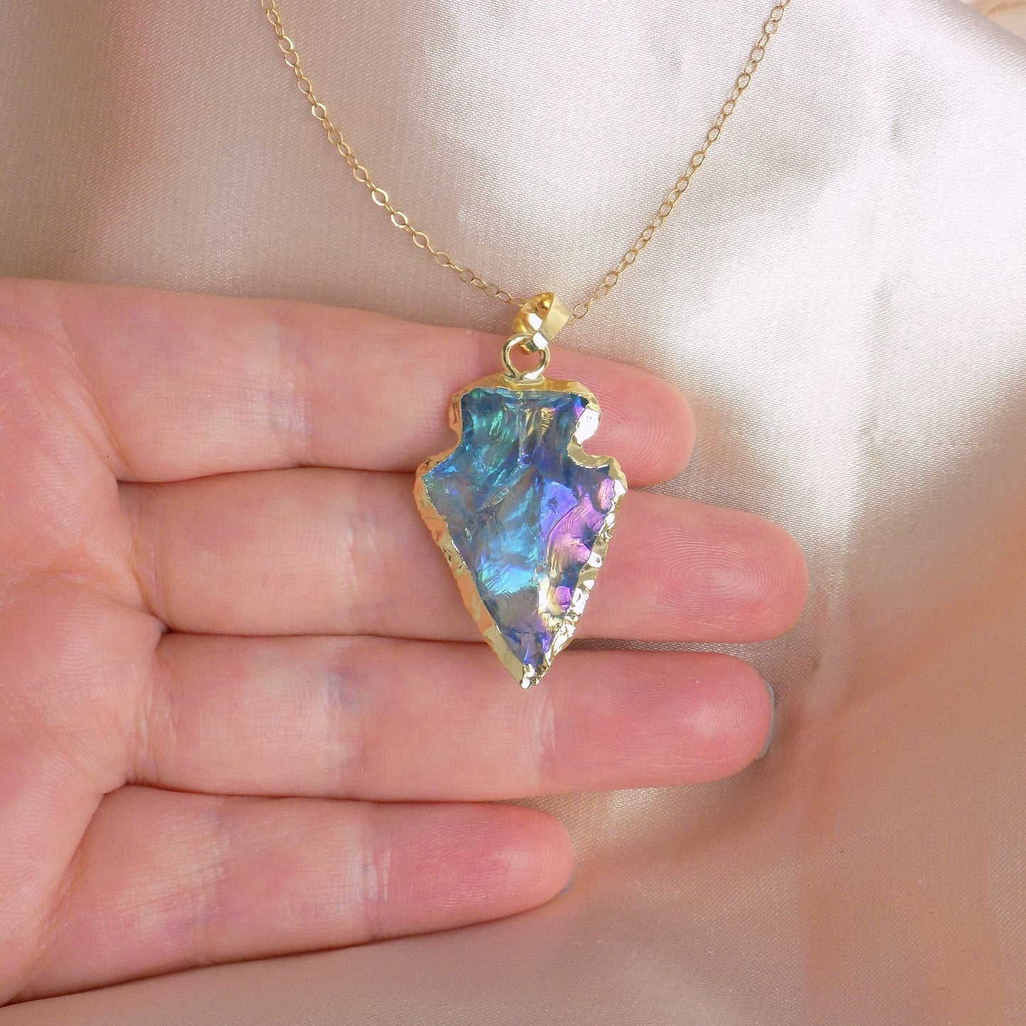 Turquoise Aura Quartz Arrowhead Necklace Gold, Unique Iridescent Crystal Jewelry Boho, Gift For Her, M7-142