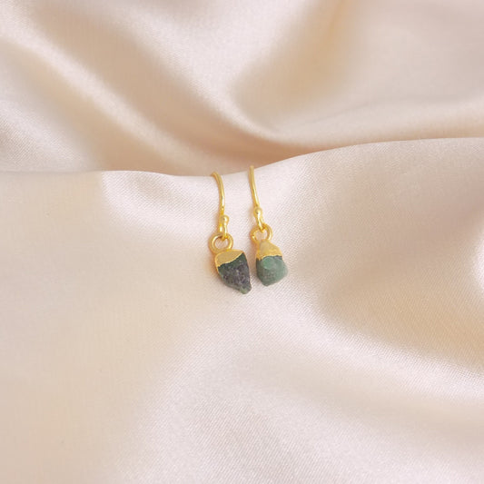 Green Emerald Tiny Natural Gemstone Drop Earrings Gold Dipped, May Birthstone Jewelry For Women, M6-92