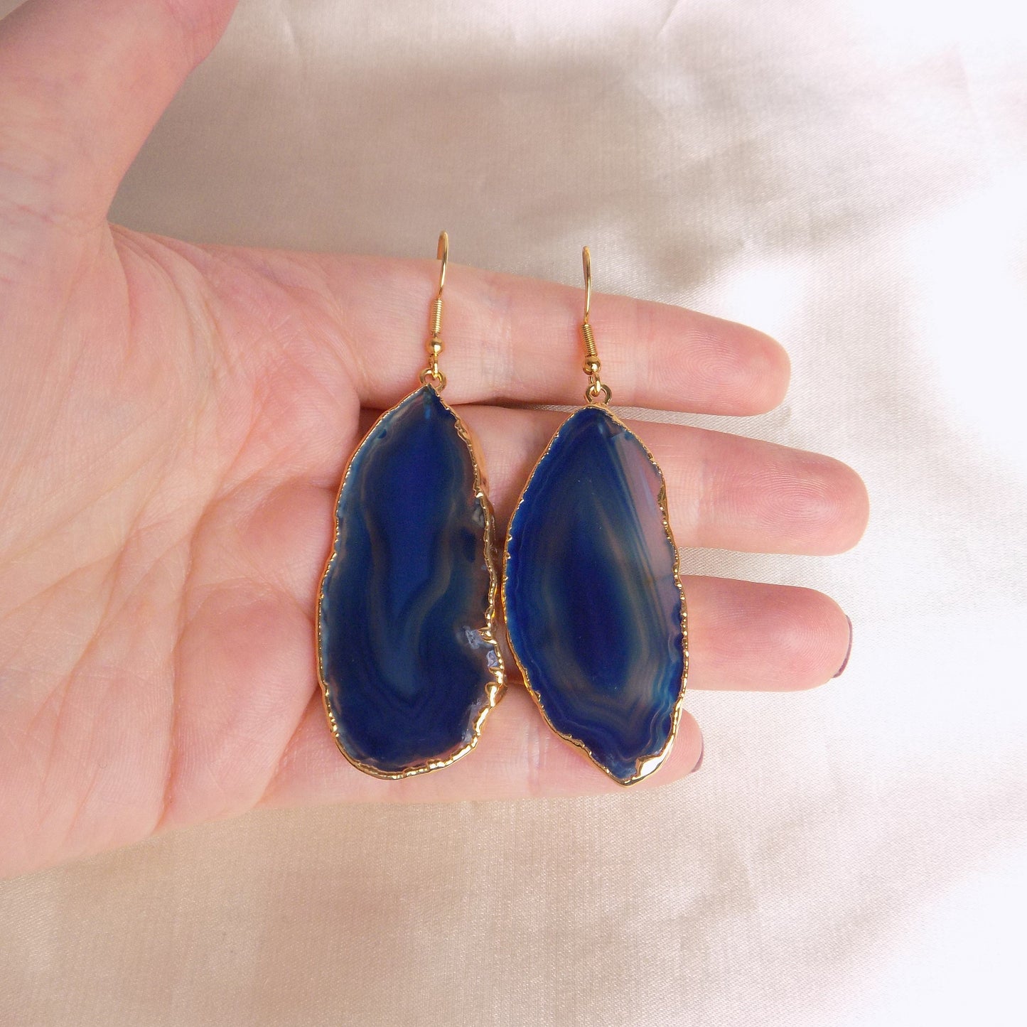 Sliced Agate Earrings, Blue Geode Earrings, Large Raw Stone Dangle Earring, Gift For Her, G14-846