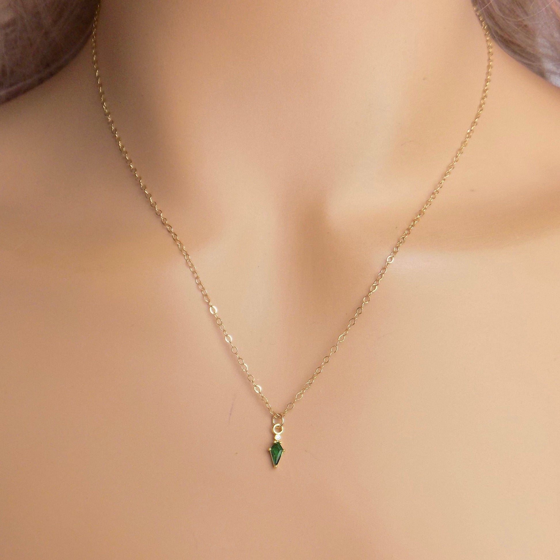 Tiny Emerald Necklace - Unique Zirconia Charm - May Birthstone Necklace - Christmas Gift For Mom - M7-174