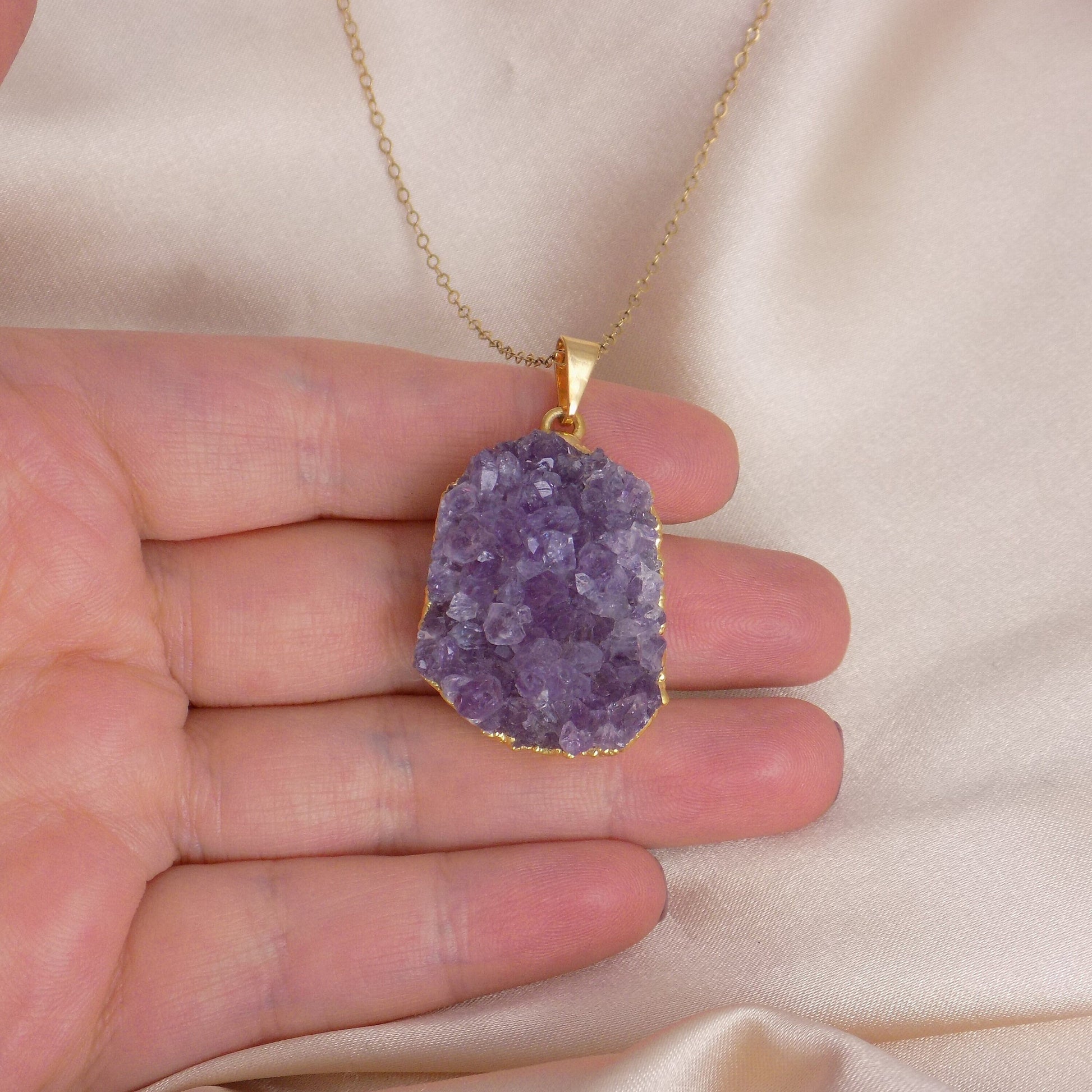 Raw Amethyst Necklace Gold - Purple Druzy Pendant - Crystal Necklaces For Women - Christmas Gifts For Mom - G15-282