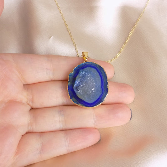 Christmas Gift - Blue Geode Necklace Gold - Druzy Pendant - G15-255