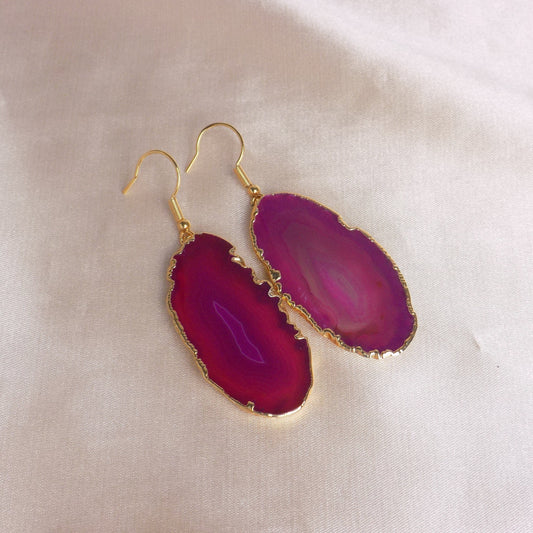 Statement Earrings, Slice Agate Earrings, Pink Agate Earrings, Geode Earrings, Large Gemstone Earrings Dangle, Gifts For Her, G15-117