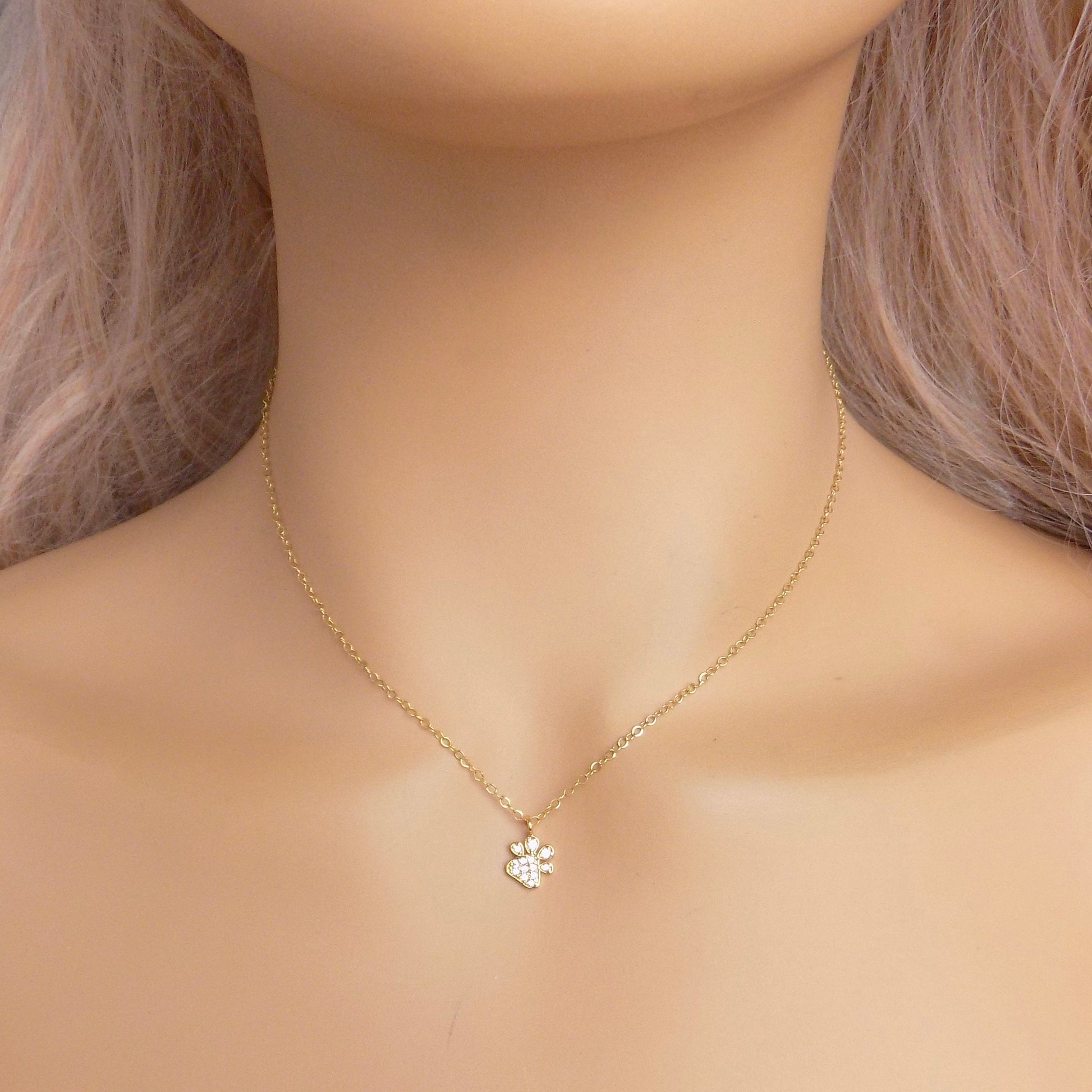 Tiny Paw Print Necklace Gold - Minimalist Cubic Zirconia Charm For Women - M7-162