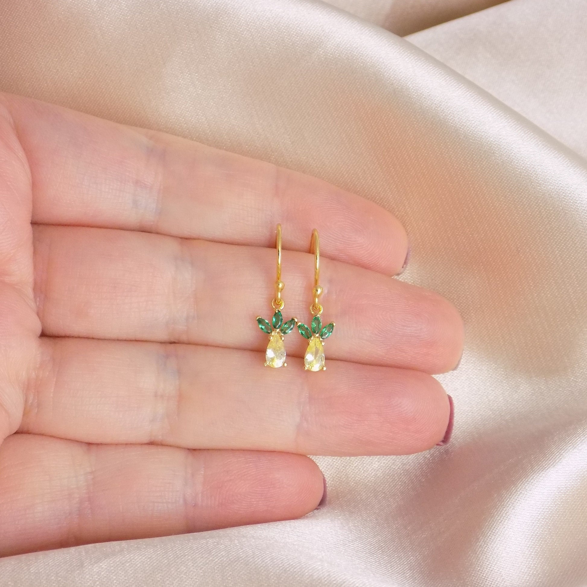 Tiny Pineapple Earrings Gold, Small Yellow and Green Pineapple Charm Earring, Cubic Zirconia Crystals, Christmas Gifts For Her, M7-181