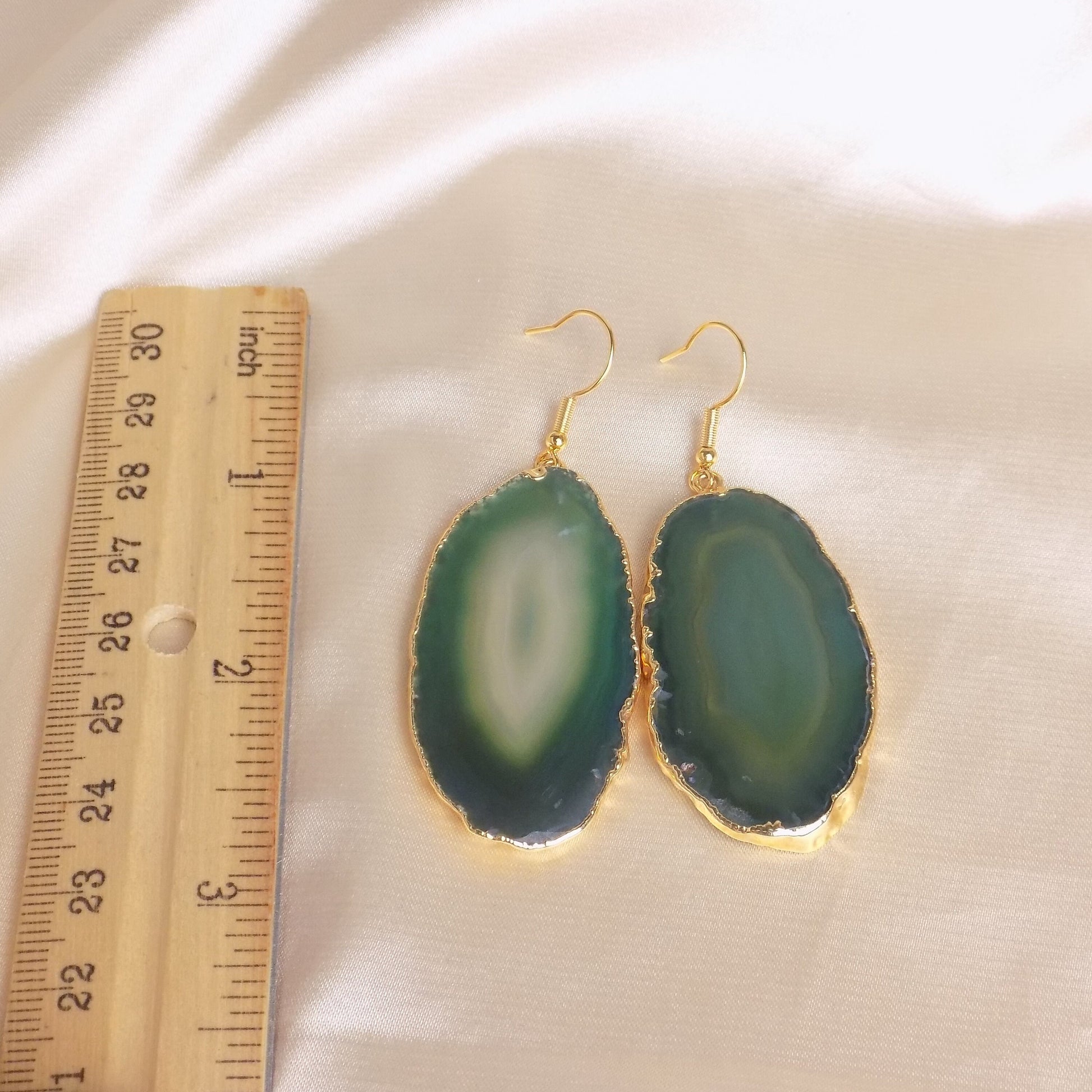 Sliced Agate Earrings, Green Dangle Earrings, Drop Earrings, Agate Earrings, Large Gemstone Earrings, Clip-on Earrings, Gift For Her G15