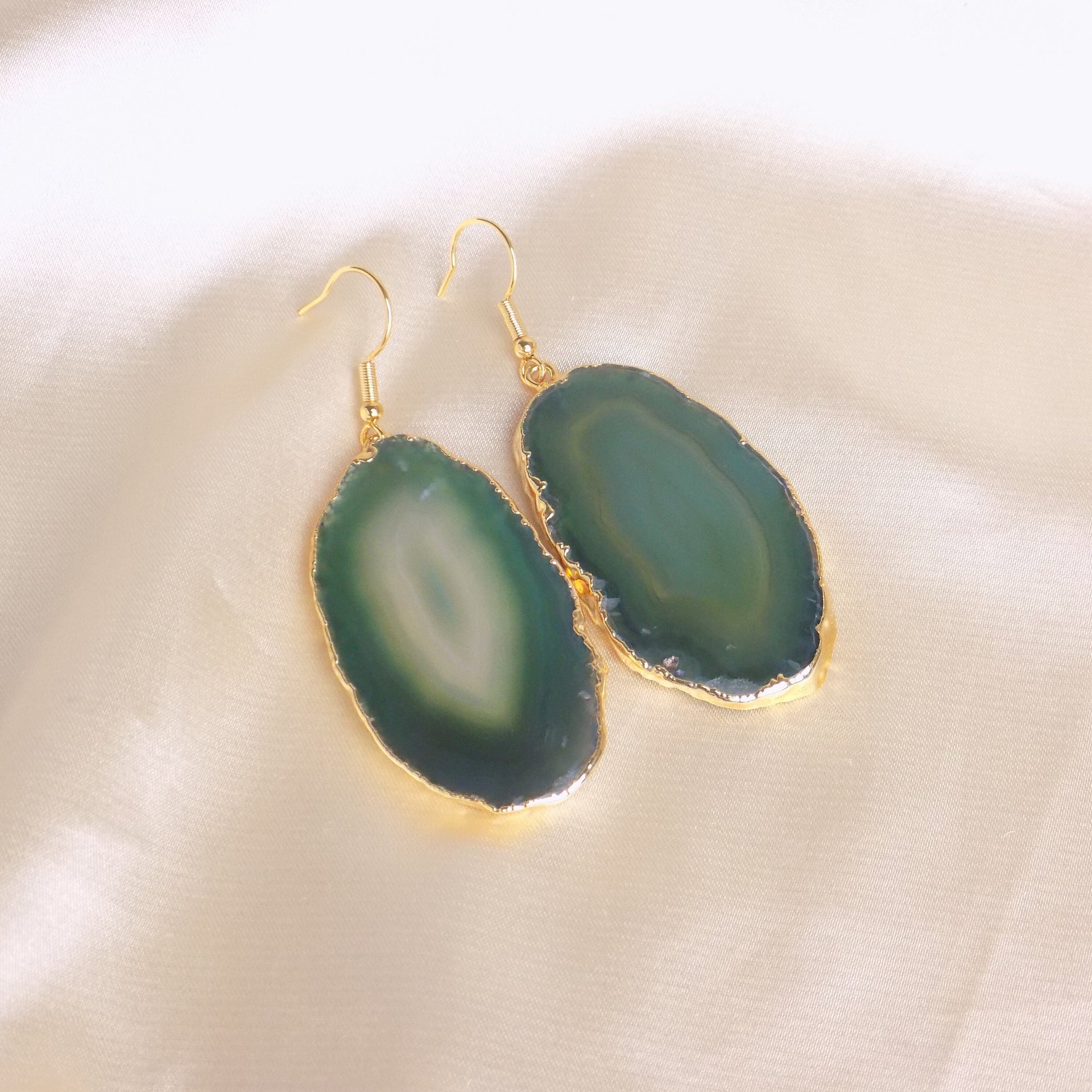 Sliced Agate Earrings, Green Dangle Earrings, Drop Earrings, Agate Earrings, Large Gemstone Earrings, Clip-on Earrings, Gift For Her G15