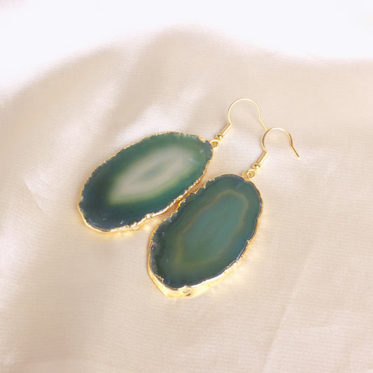 Sliced Agate Earrings, Green Dangle Earrings, Drop Earrings, Agate Earrings, Large Gemstone Earrings, Clip-on Earrings, Gift For Her G15