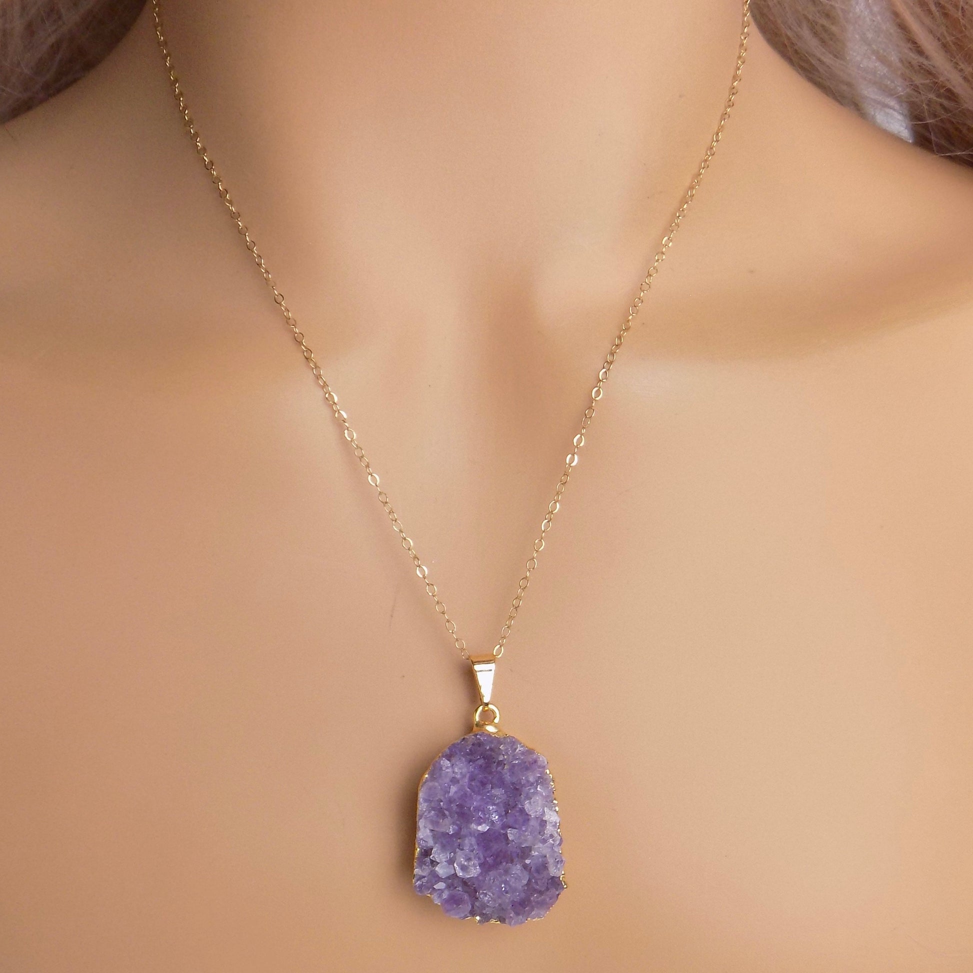 Raw Amethyst Necklace Gold - Purple Druzy Pendant - Crystal Necklaces For Women - Christmas Gifts For Mom - G15-282