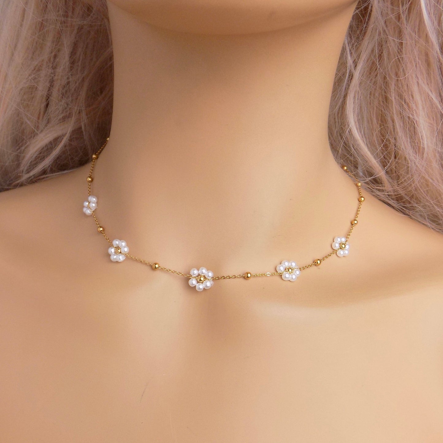 Dainty Pearl Necklace Gold - Chain and Freshwater Pearl Necklaces Adjustable - Gift For Her - M7-188