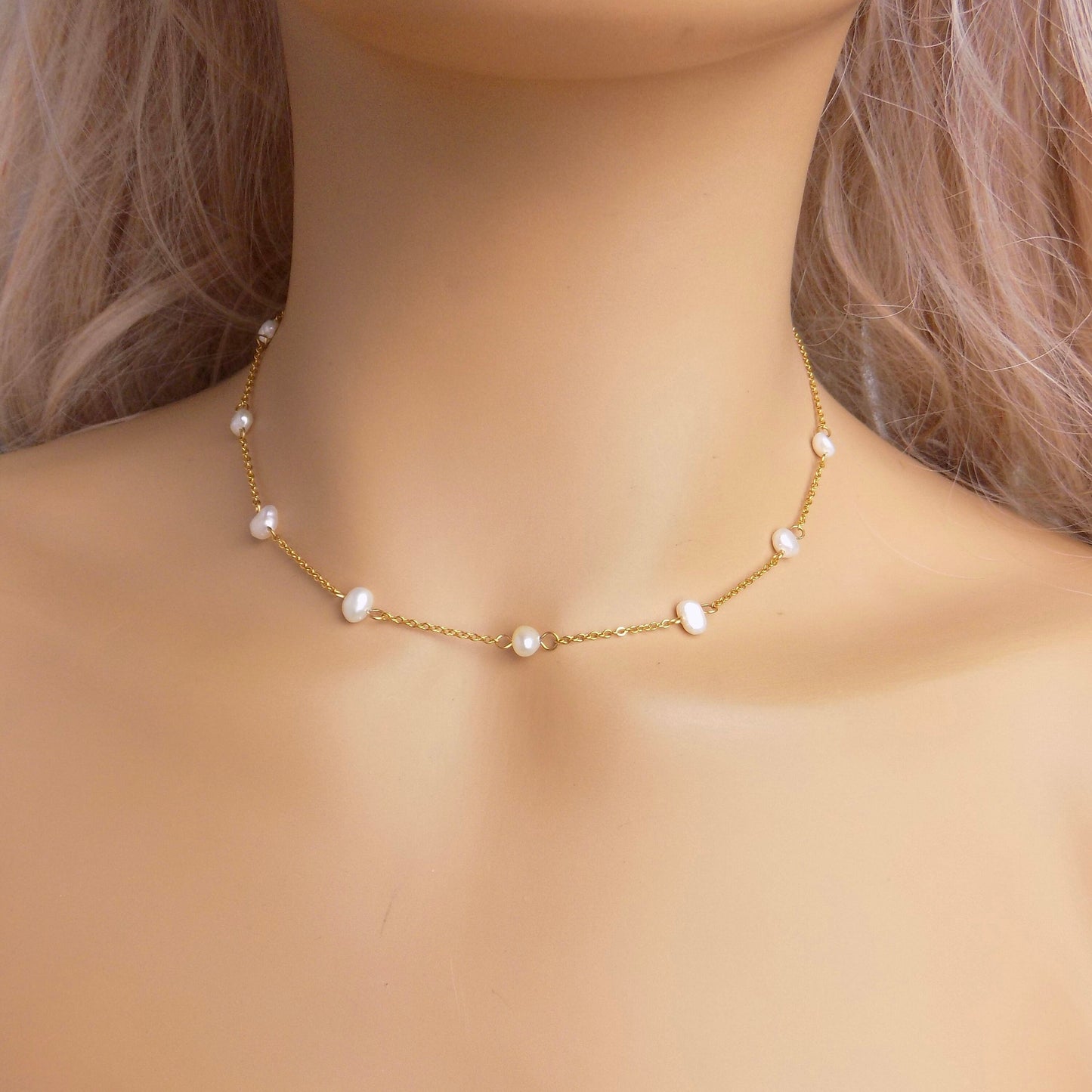 Dainty Pearl Necklace Gold - Chain and Freshwater Pearl Necklaces Adjustable - Gift For Her - M7-188