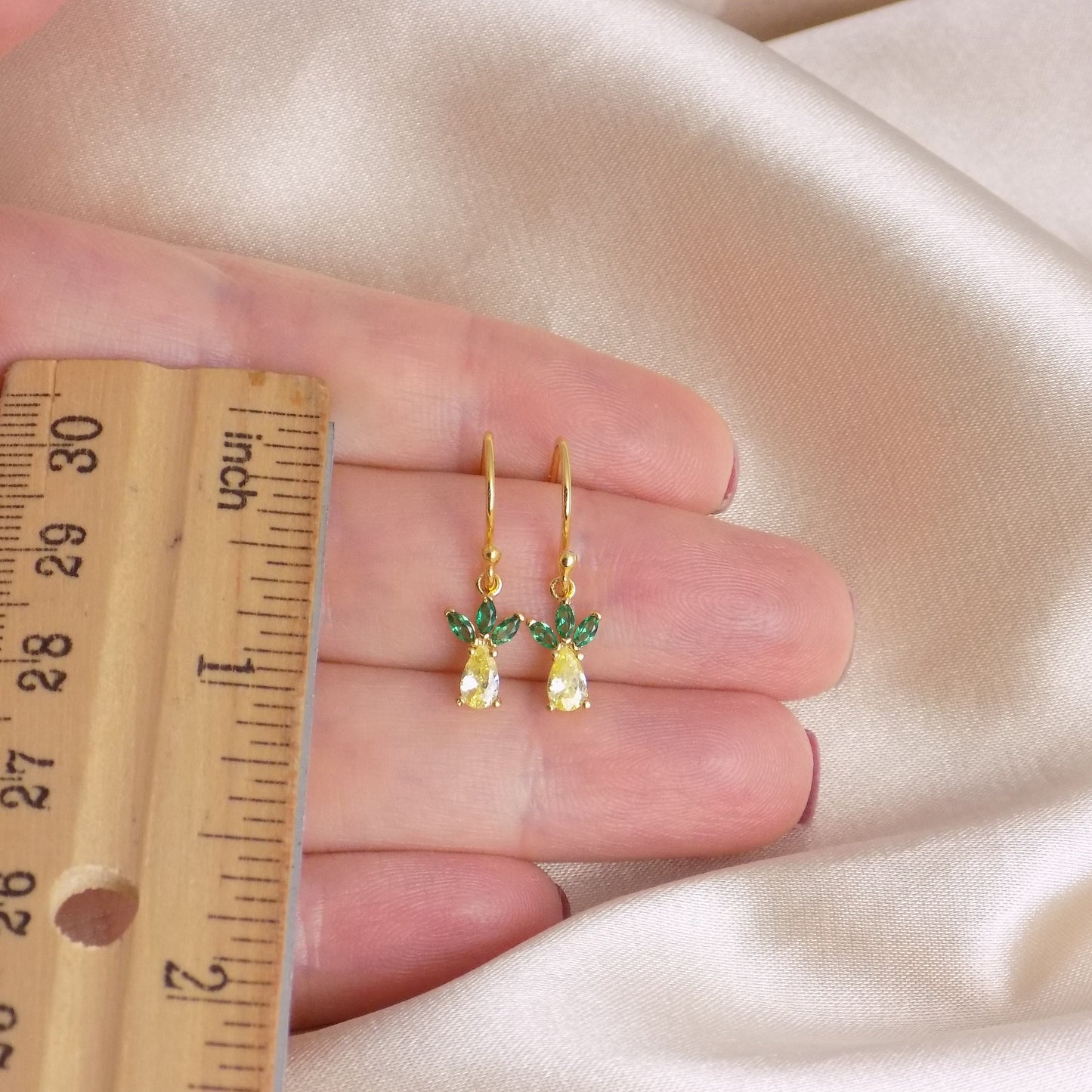 Tiny Pineapple Earrings Gold, Small Yellow and Green Pineapple Charm Earring, Cubic Zirconia Crystals, Christmas Gifts For Her, M7-181