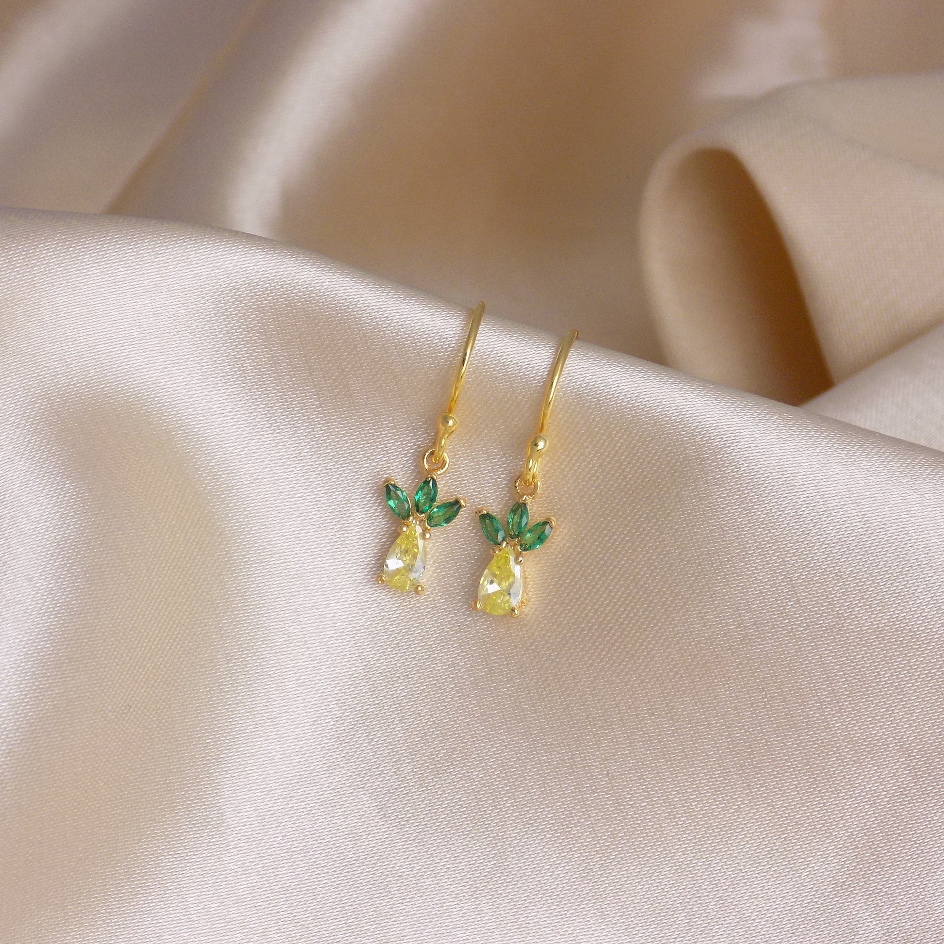 Tiny Pineapple Earrings Gold, Small Yellow and Green Pineapple Charm Earring, Cubic Zirconia Crystals, Christmas Gifts For Her, M7-181