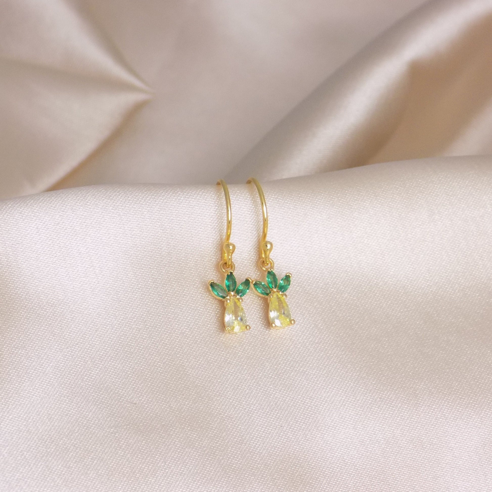 Tiny Pineapple Earrings Gold, Small Yellow and Green Pineapple Charm Earring, Cubic Zirconia Crystals, Christmas Gifts For Her, M7-181