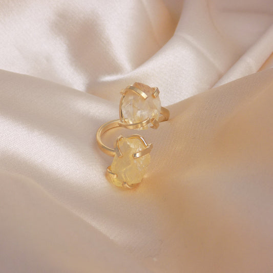 Raw Natural Citrine Ring Gold, Crystal Gemstone Ring Adjustable, Yellow Two Stones Statement Rings For Women, G15-239