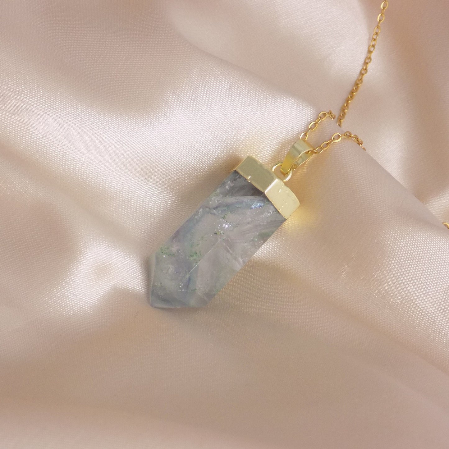 Large Fluorite Necklace, Light Green Crystal Point Necklace Boho, Gold Layering, Best Friend Gift Women, M7-195