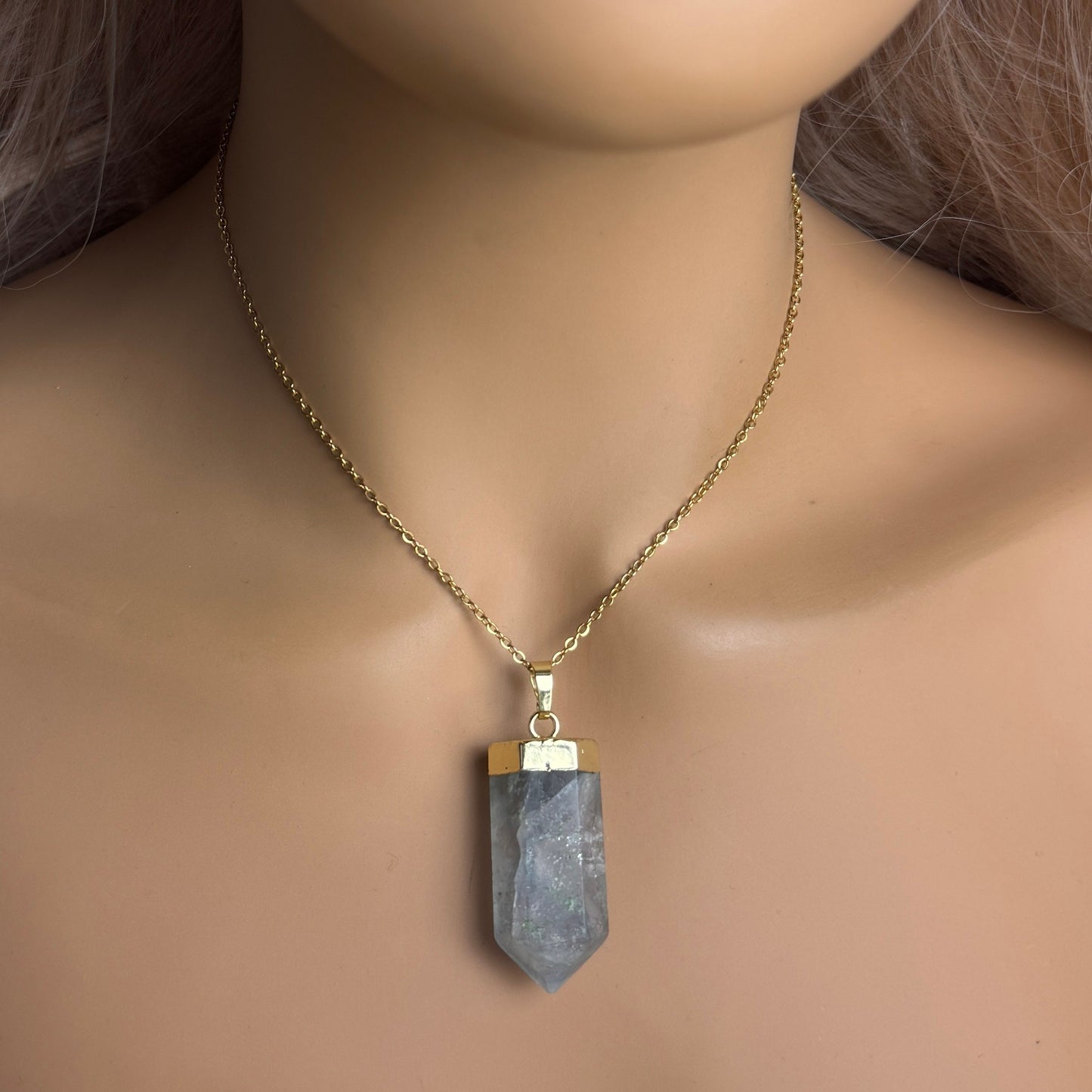 Large Fluorite Necklace, Light Green Crystal Point Necklace Boho, Gold Layering, Best Friend Gift Women, M7-195