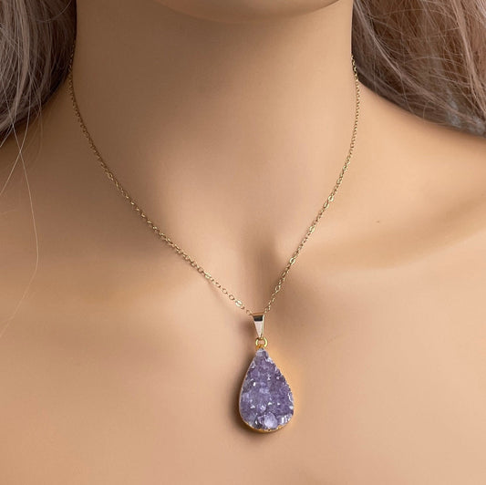 Teardrop Amethyst Pendant Necklace Gold - Boho Druzy Crystal