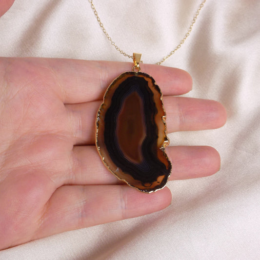 Unique Black Agate Slice Necklace Gold, Long Pendant Necklaces Women's, Gifts For Mom, G15-92