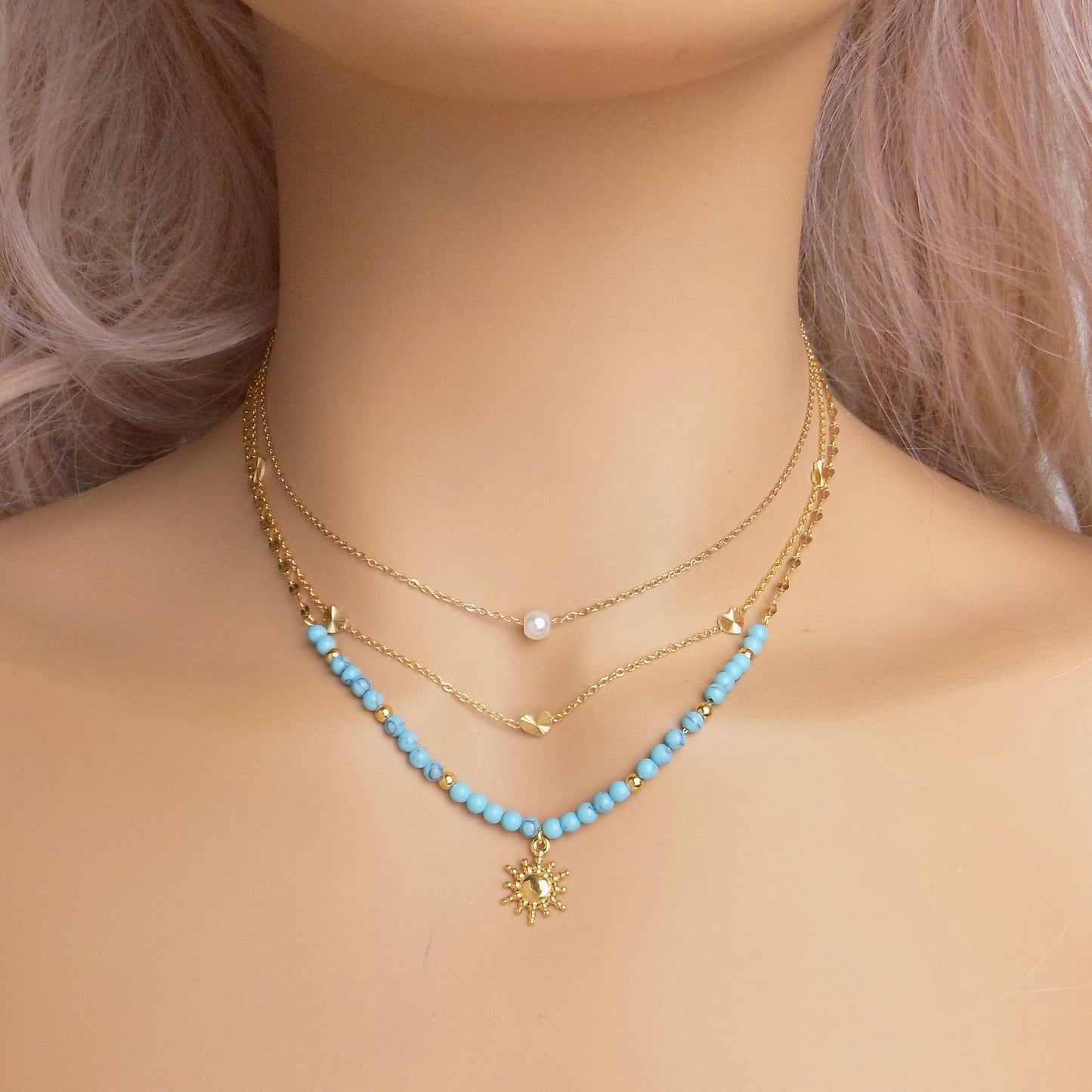 Dainty Gold Necklaces Gold - Single Pearl - Heart Chain - Turquoise Necklace Adjustable - Gift For Her - M7-191