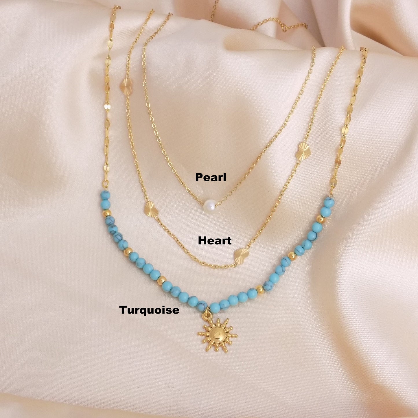 Dainty Gold Necklaces Gold - Single Pearl - Heart Chain - Turquoise Necklace Adjustable - Gift For Her - M7-191