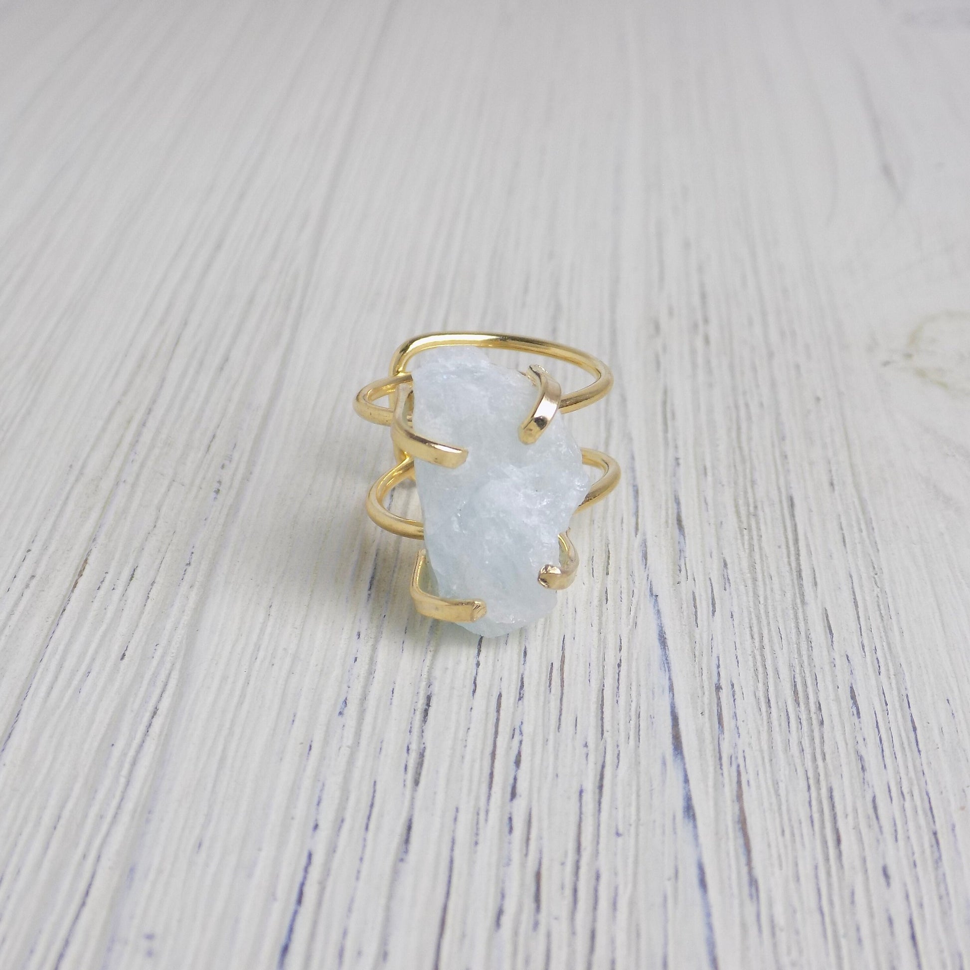 March Birthstone Raw Aquamarine Gemstone Ring Gold Adjustable, Light Blue Crystal Ring Raw, Birthday Gifts For Her, G14-74