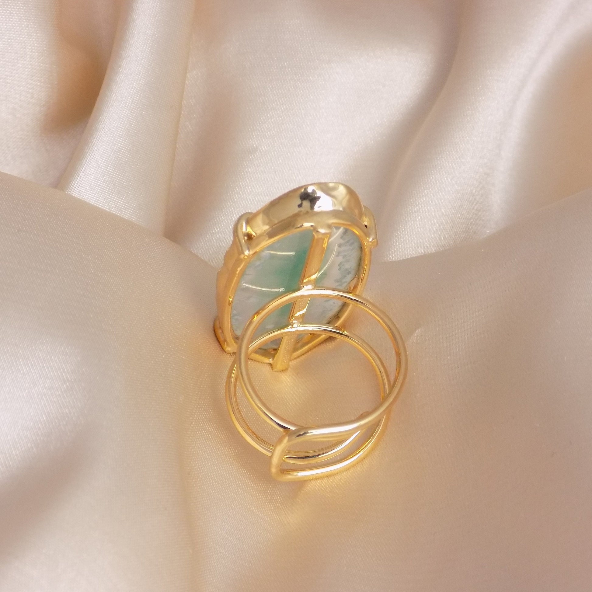 Green Agate Ring Gold, Statement Sliced Geode Ring, Boho Stone Ring Adjustable, Wedding Jewelry, G14-216