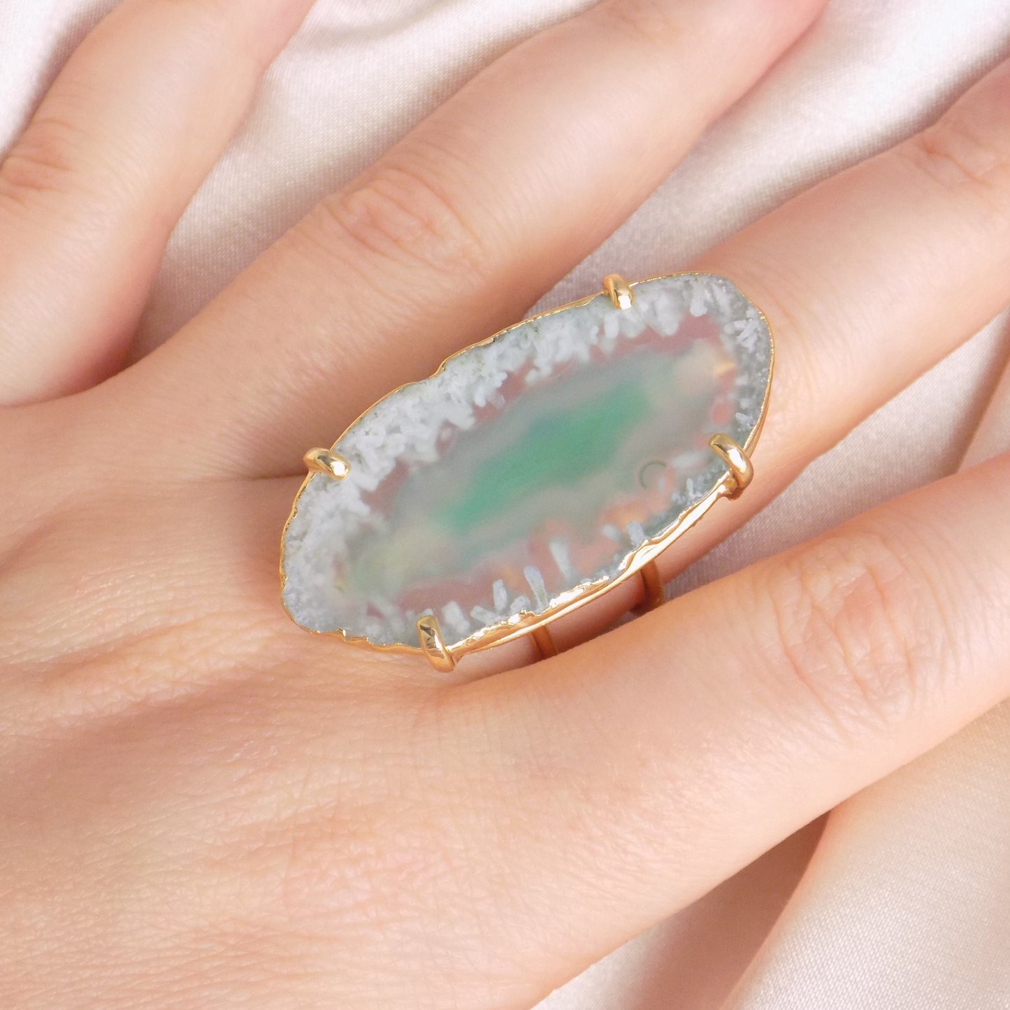 Green Agate Ring Gold, Statement Sliced Geode Ring, Boho Stone Ring Adjustable, Wedding Jewelry, G14-216