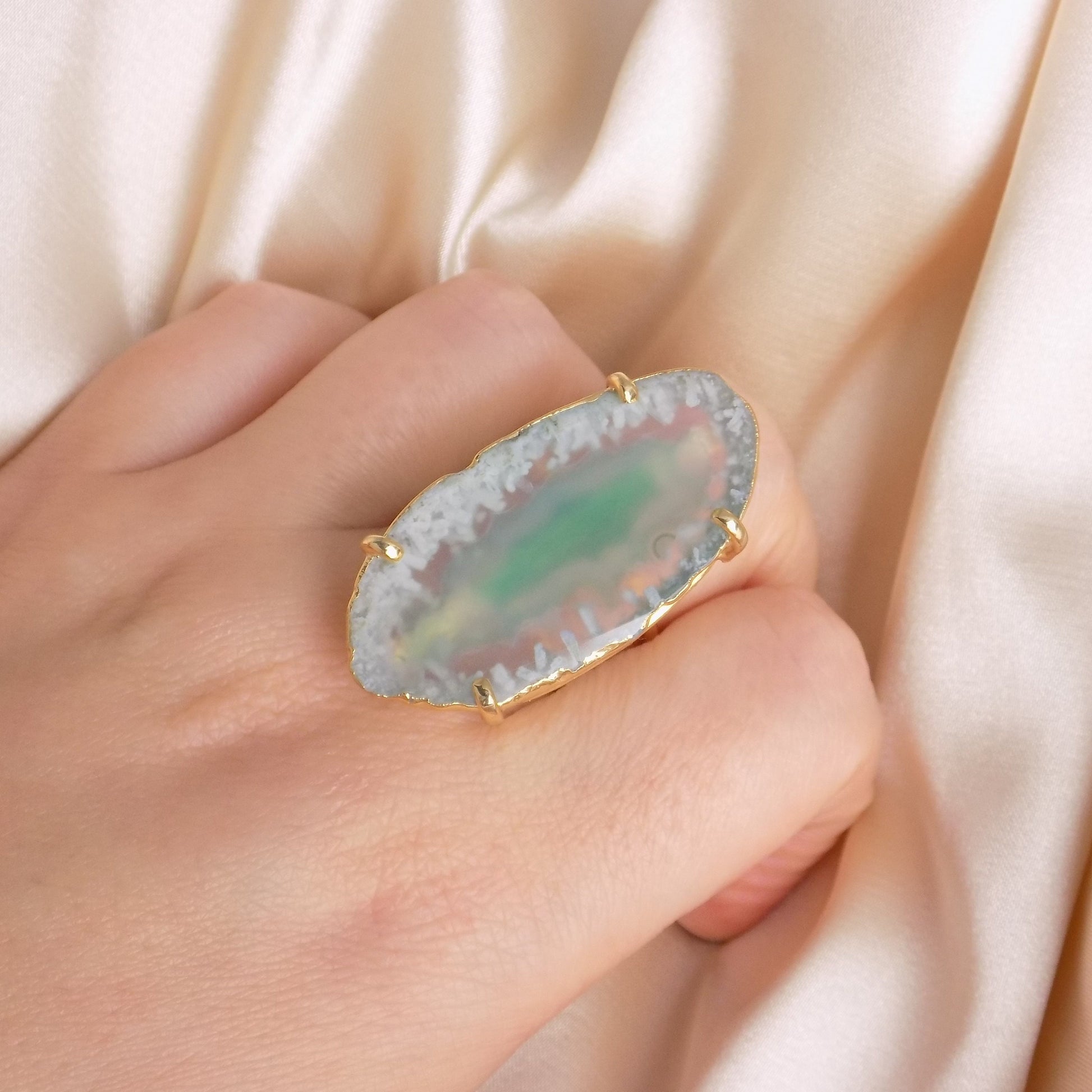 Green Agate Ring Gold, Statement Sliced Geode Ring, Boho Stone Ring Adjustable, Wedding Jewelry, G14-216